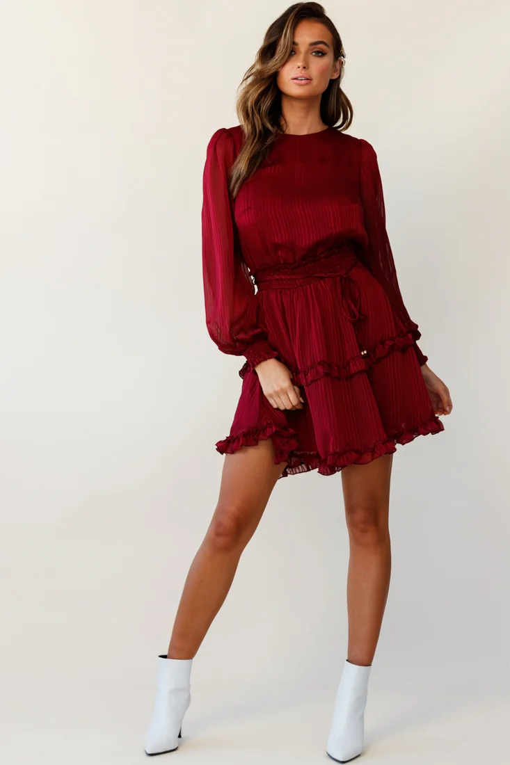 Mildred Long Sleeve Shirred Waist Frill Dress Wine - Sonourner