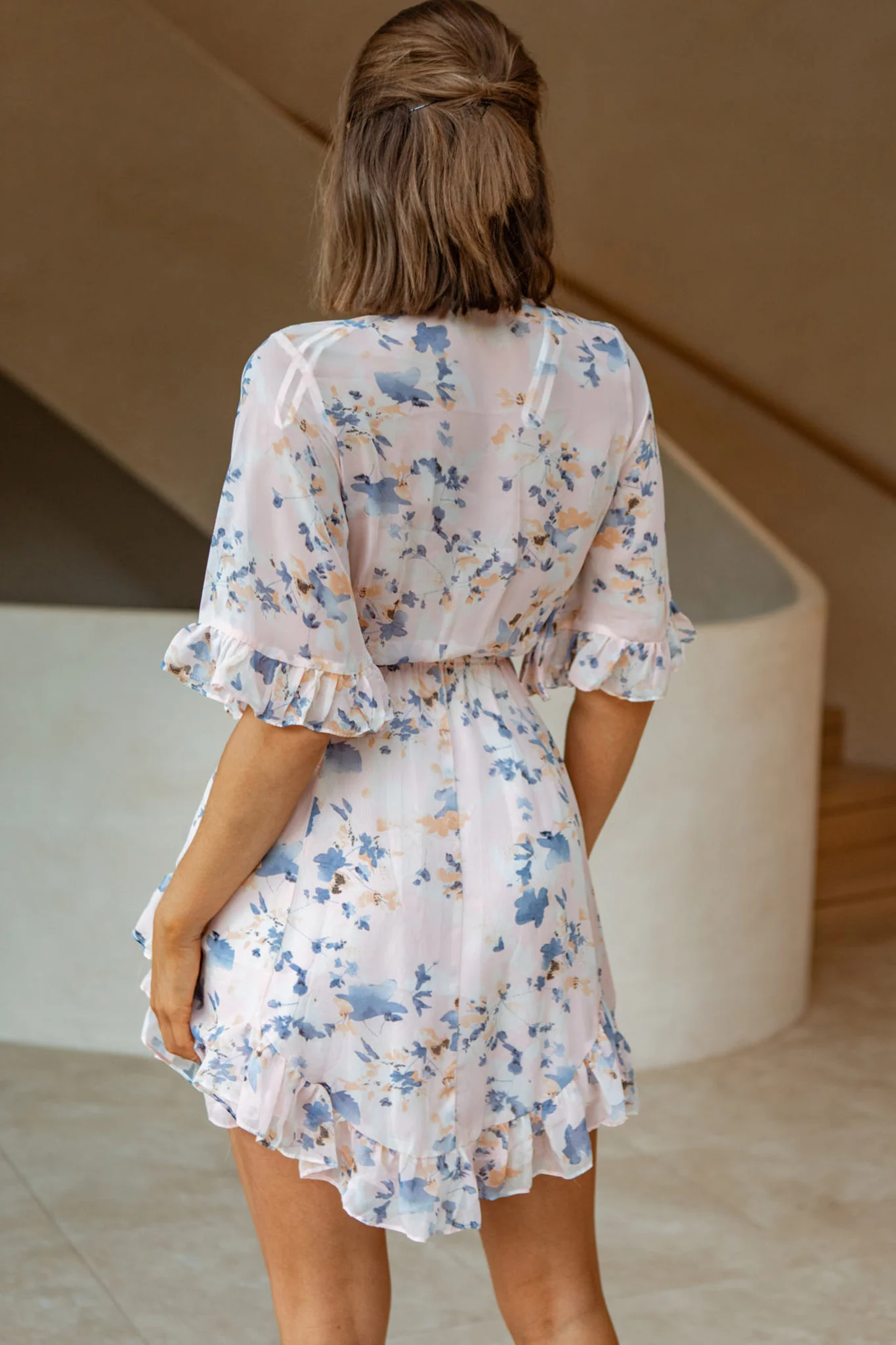 El Cerrito Flared Sleeve Godet Hem Dress Floral Print Pink - Sonourner