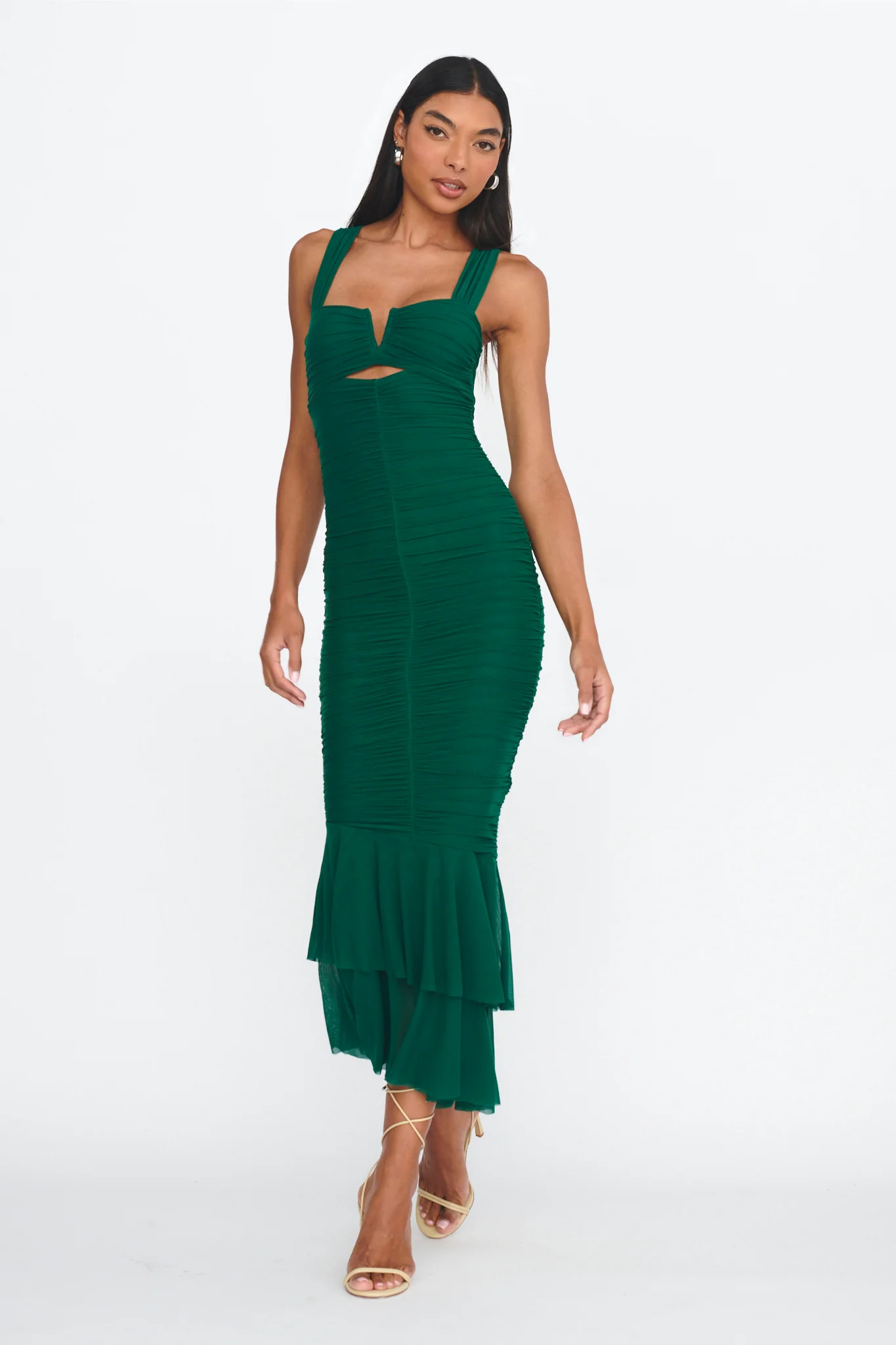 Nadia Ruched Fishtail Maxi Dress Green - Sonourner