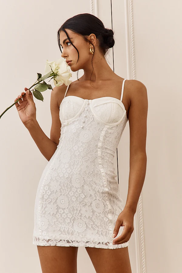 Take A Risk Lace Satin Trim Mini Dress White - Sonourner