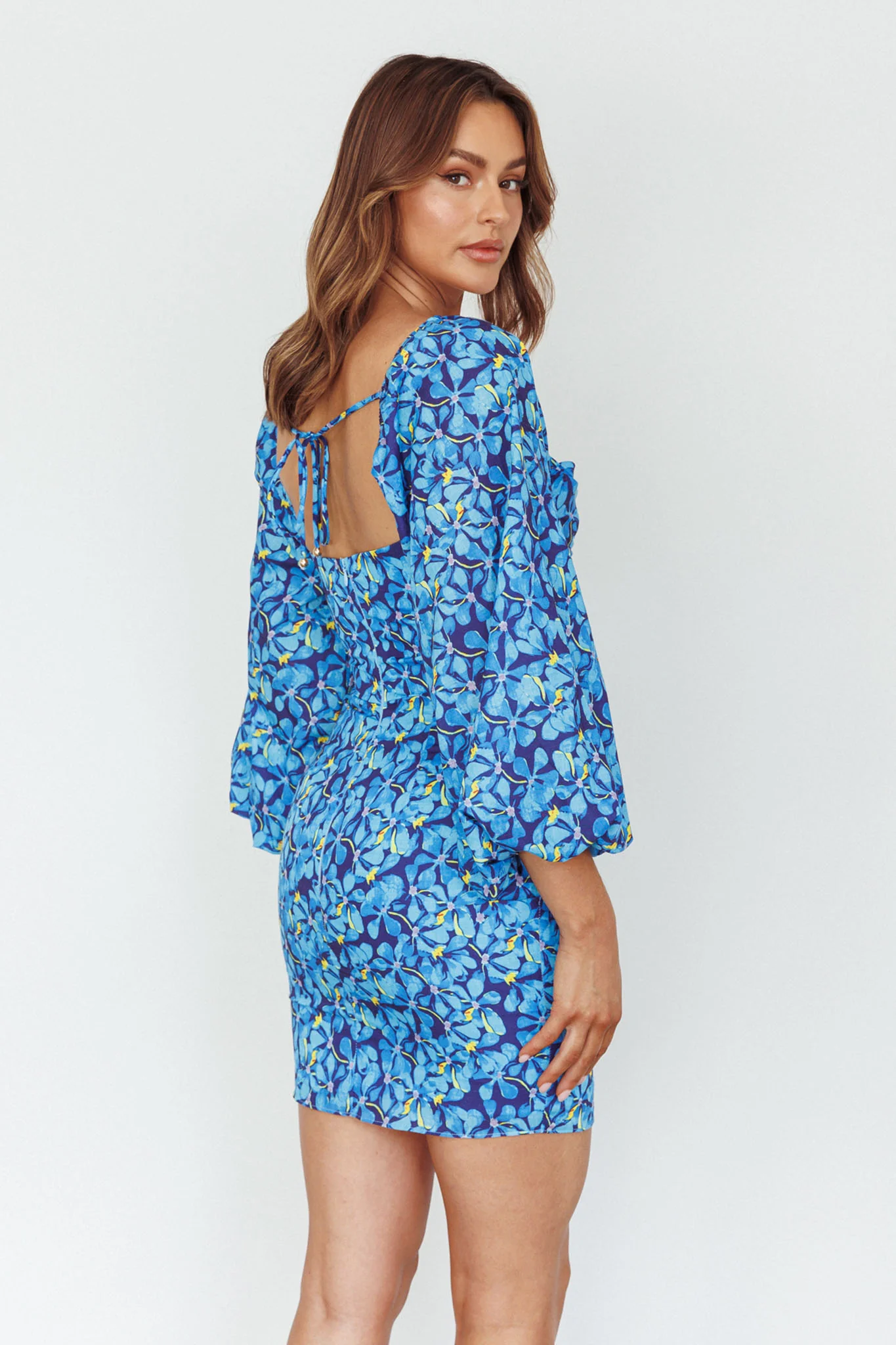 Beaujolais Long Sleeve Ruched Mini Dress Floral Blue - Sonourner