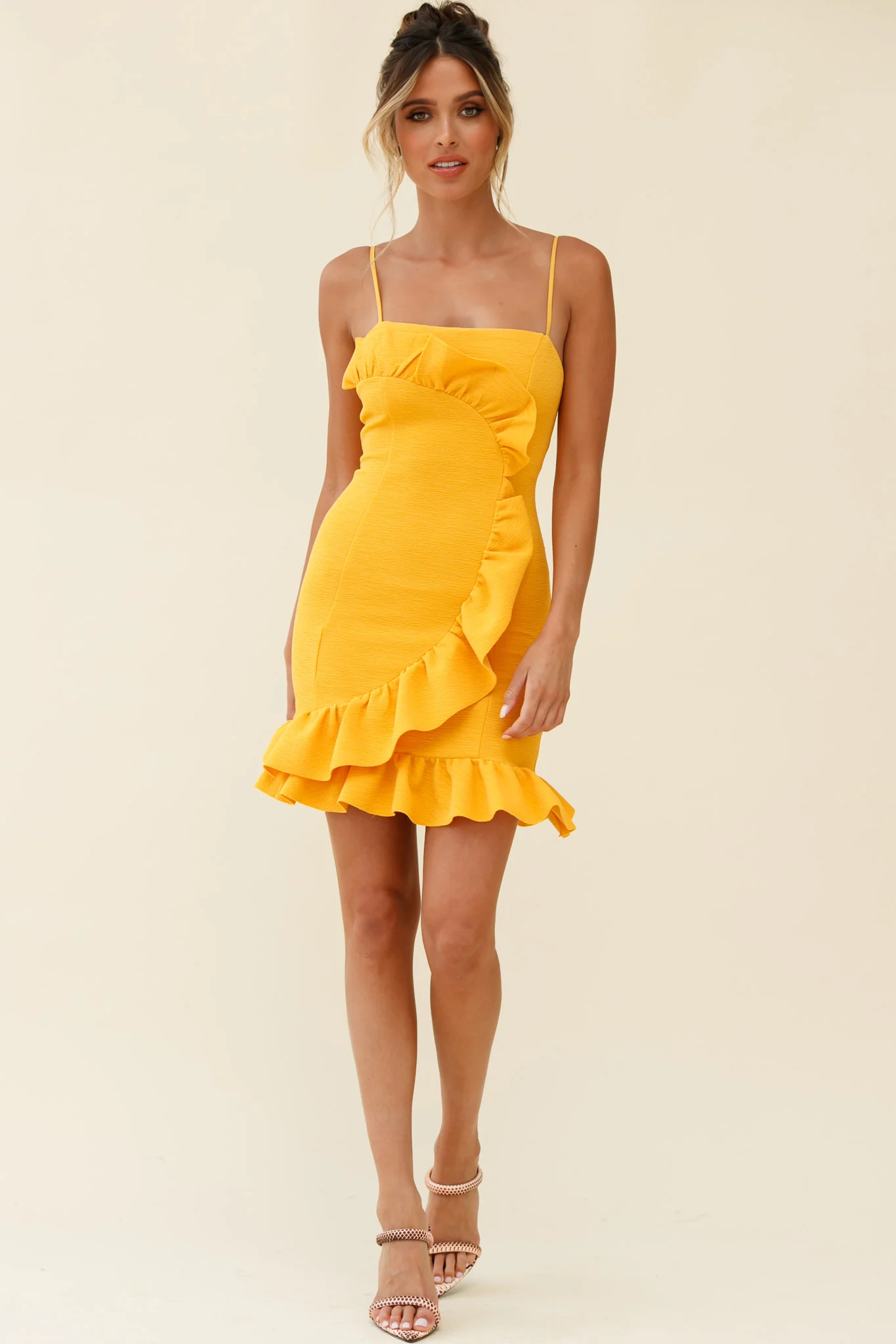 Juanita Half Moon Ruffle Detail Bodycon Dress Yellow - Sonourner