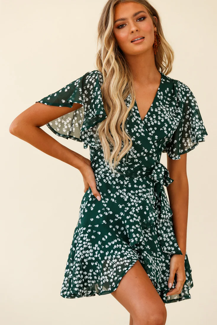 Cami Angel Sleeve Faux Wrap Dress Flower Print Forest Green - Sonourner