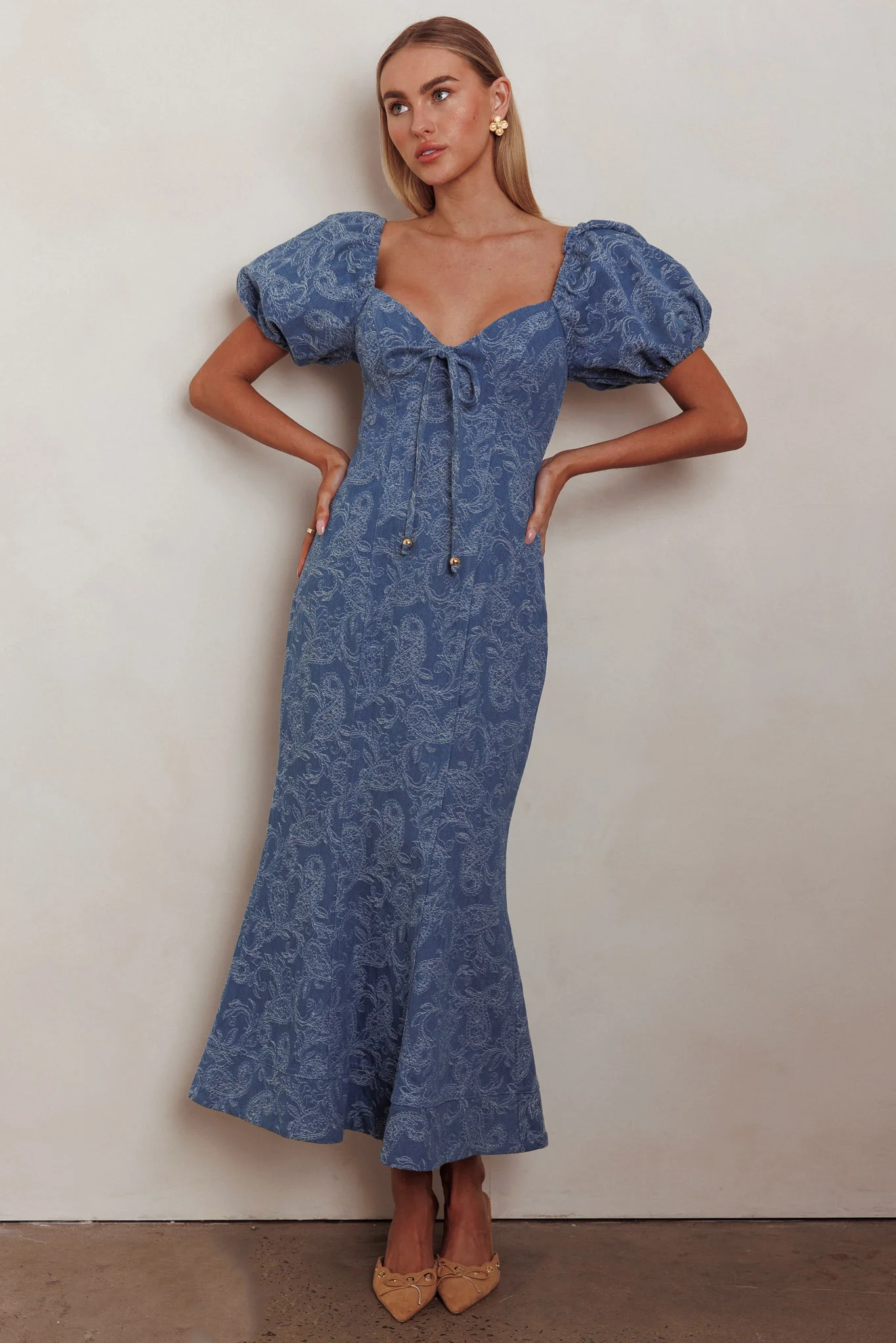 Feeling Electric Puff Sleeves Mermaid Maxi Dress Denim Blue - Sonourner