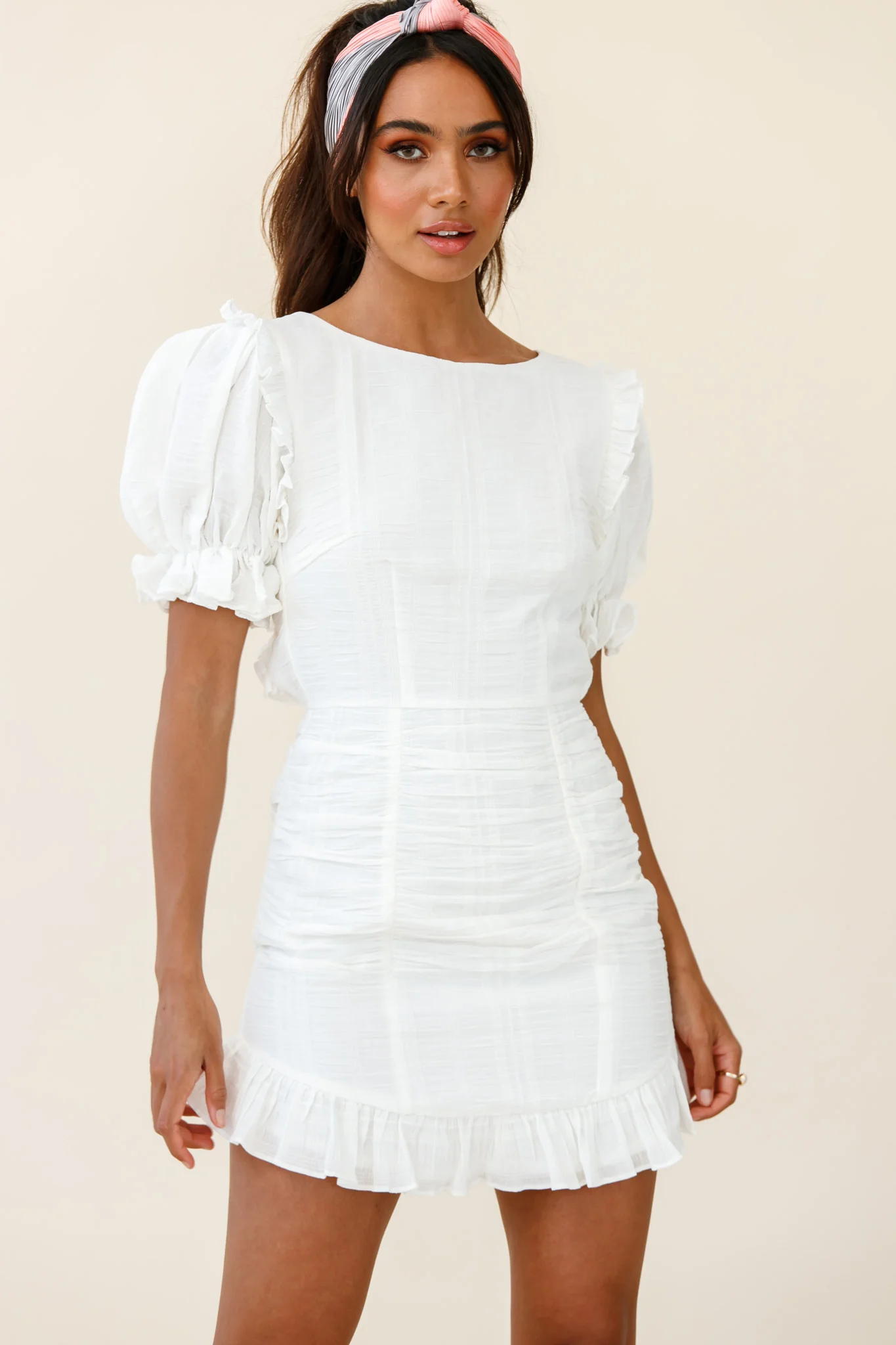 Icing On The Cake Open Back Ruched Dress White - Sonourner