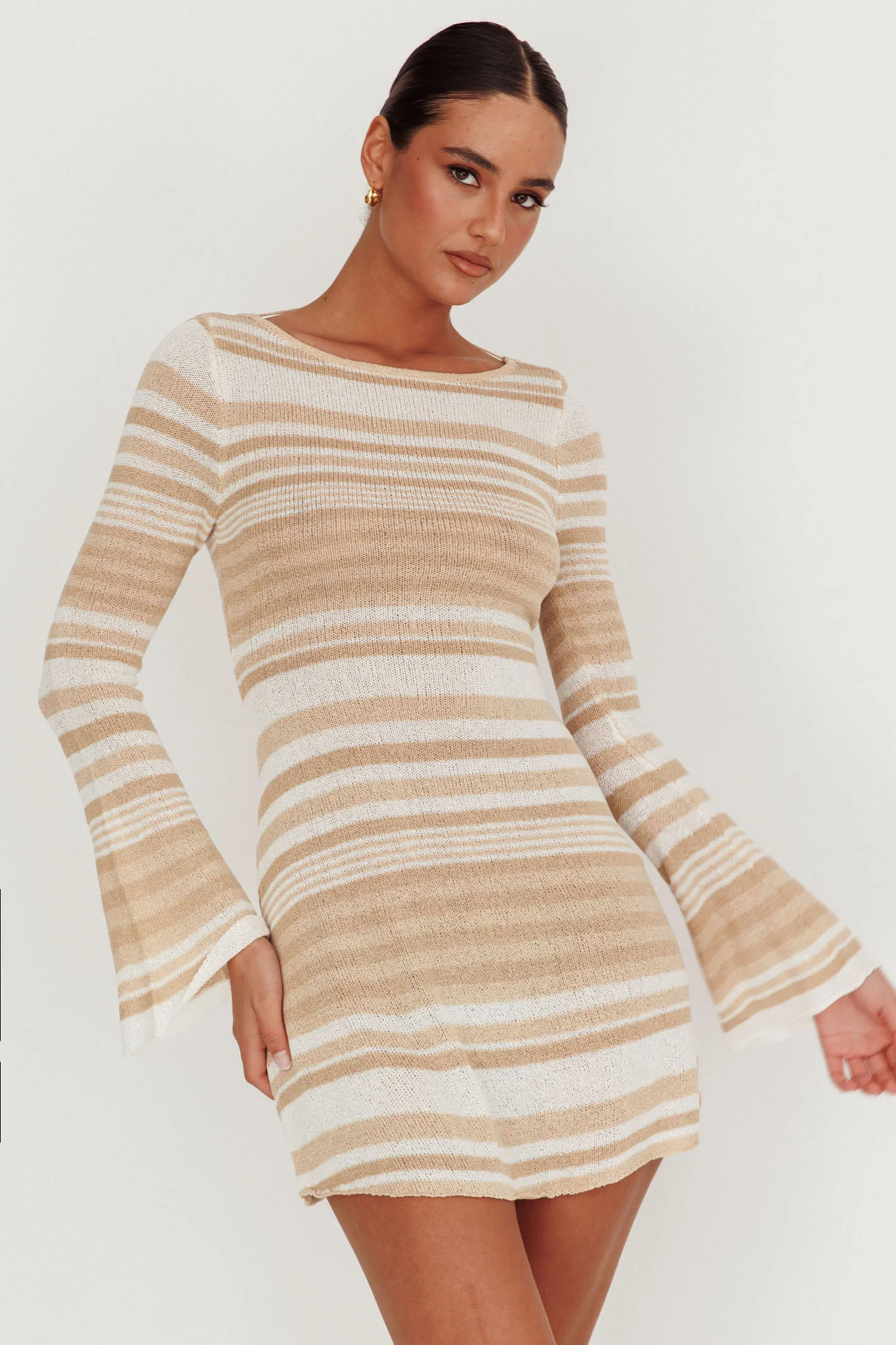 Sylvan Long Sleeve Knit Mini Dress Tan Multi - Sonourner