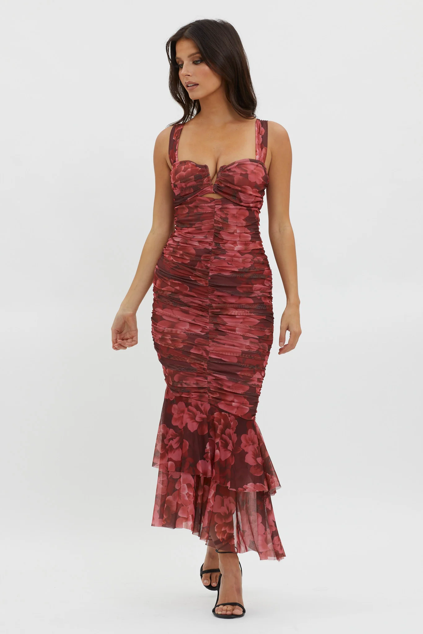 Nadia Ruched Fishtail Midi Dress Floral Wine - Sonourner