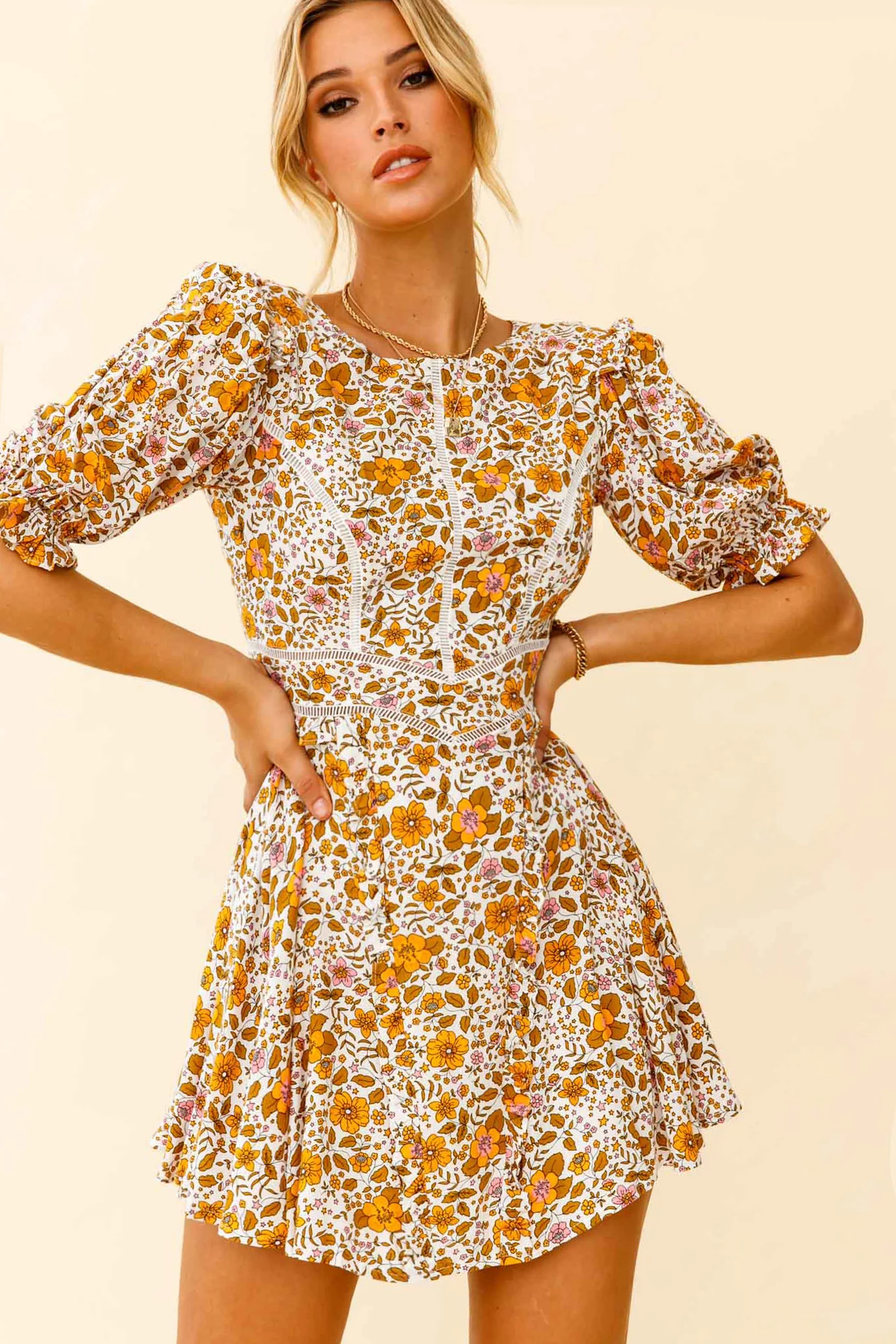 First Impressions Puff Sleeve Keyhole Back Dress Floral Print White/Yellow - Sonourner