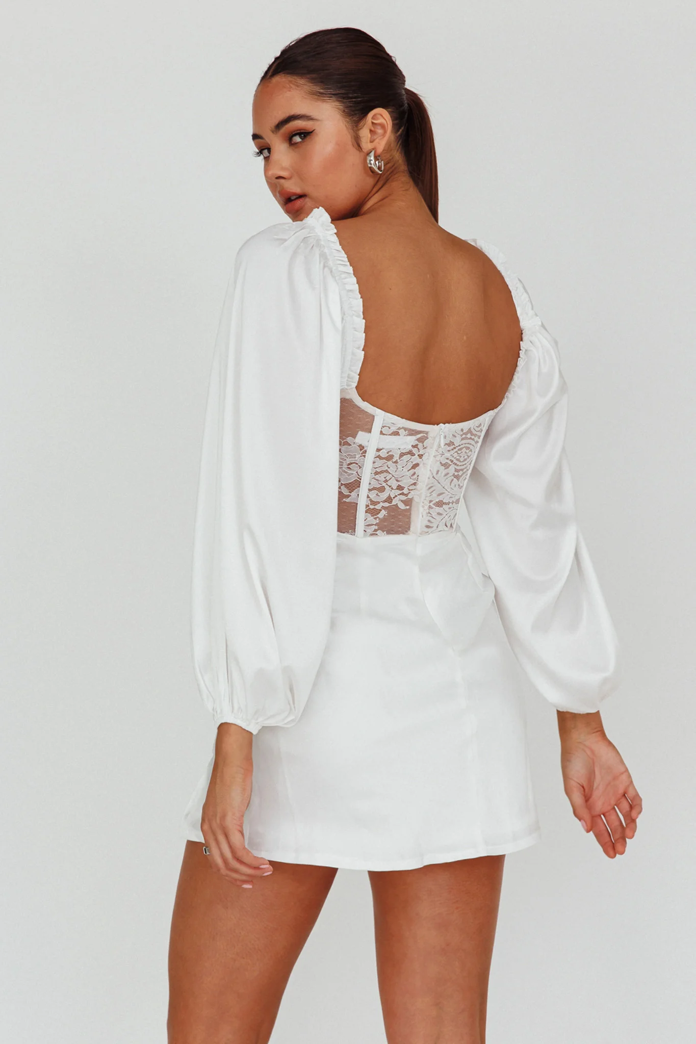 Trophy Long Sleeve Lace Bodice Mini Dress White - Sonourner