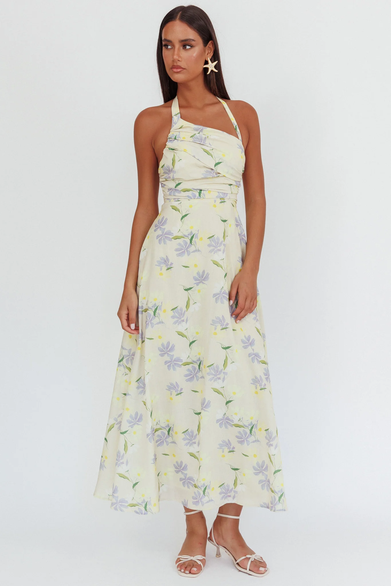 Auriana Asymmetric Neckline Halter maxi Dress Floral Lemon - Sonourner