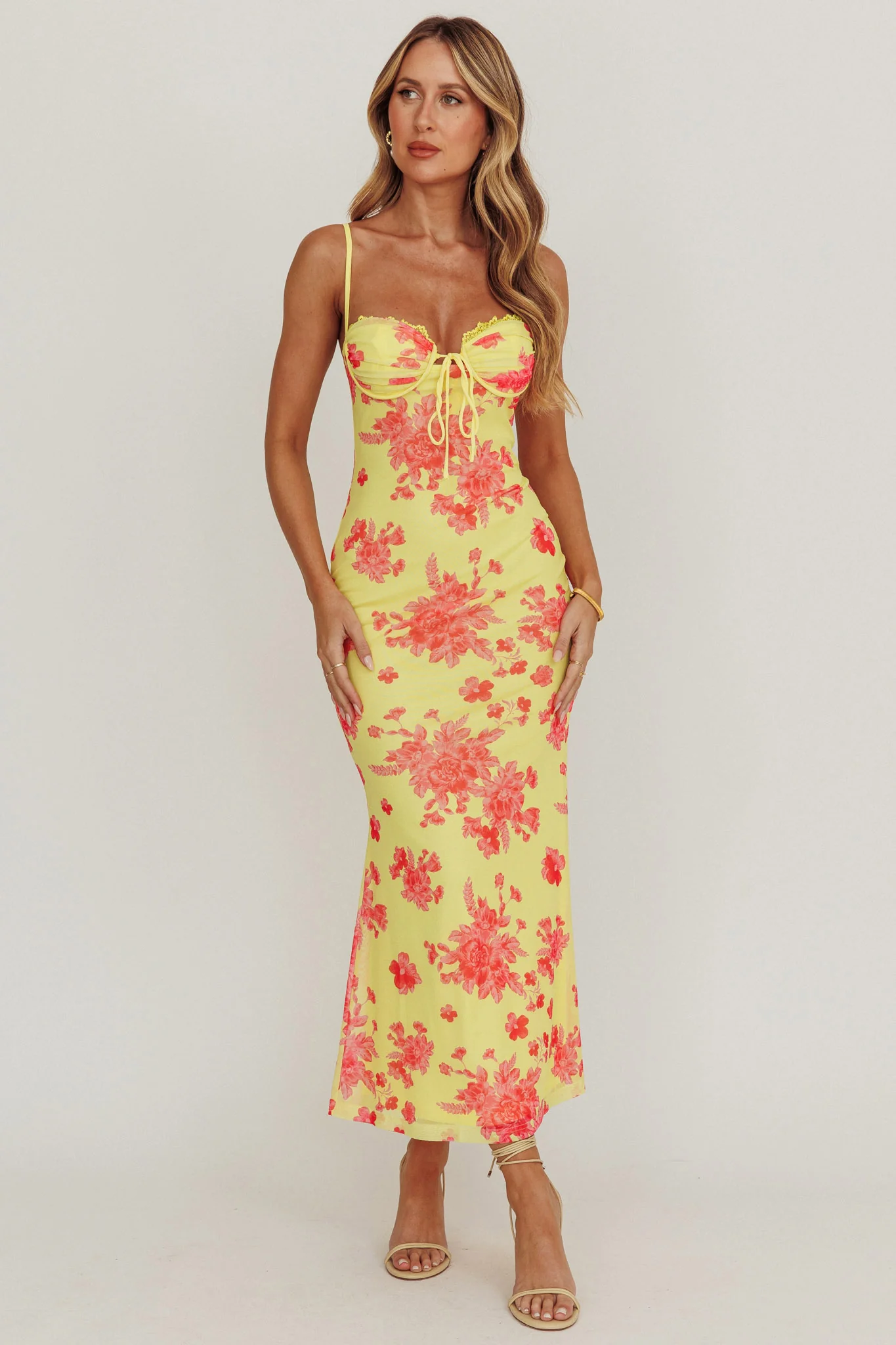 Fortune Mesh Floral Midi Dress Pink/Yellow - Sonourner