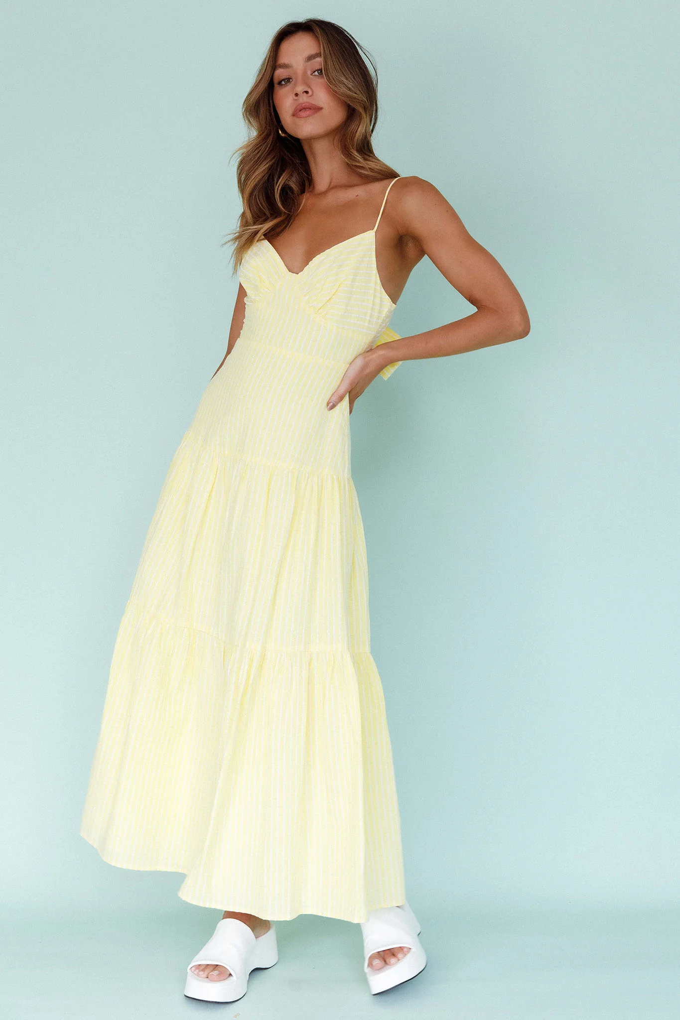 Royce Bow Back Midi Dress Striped Yellow - Sonourner