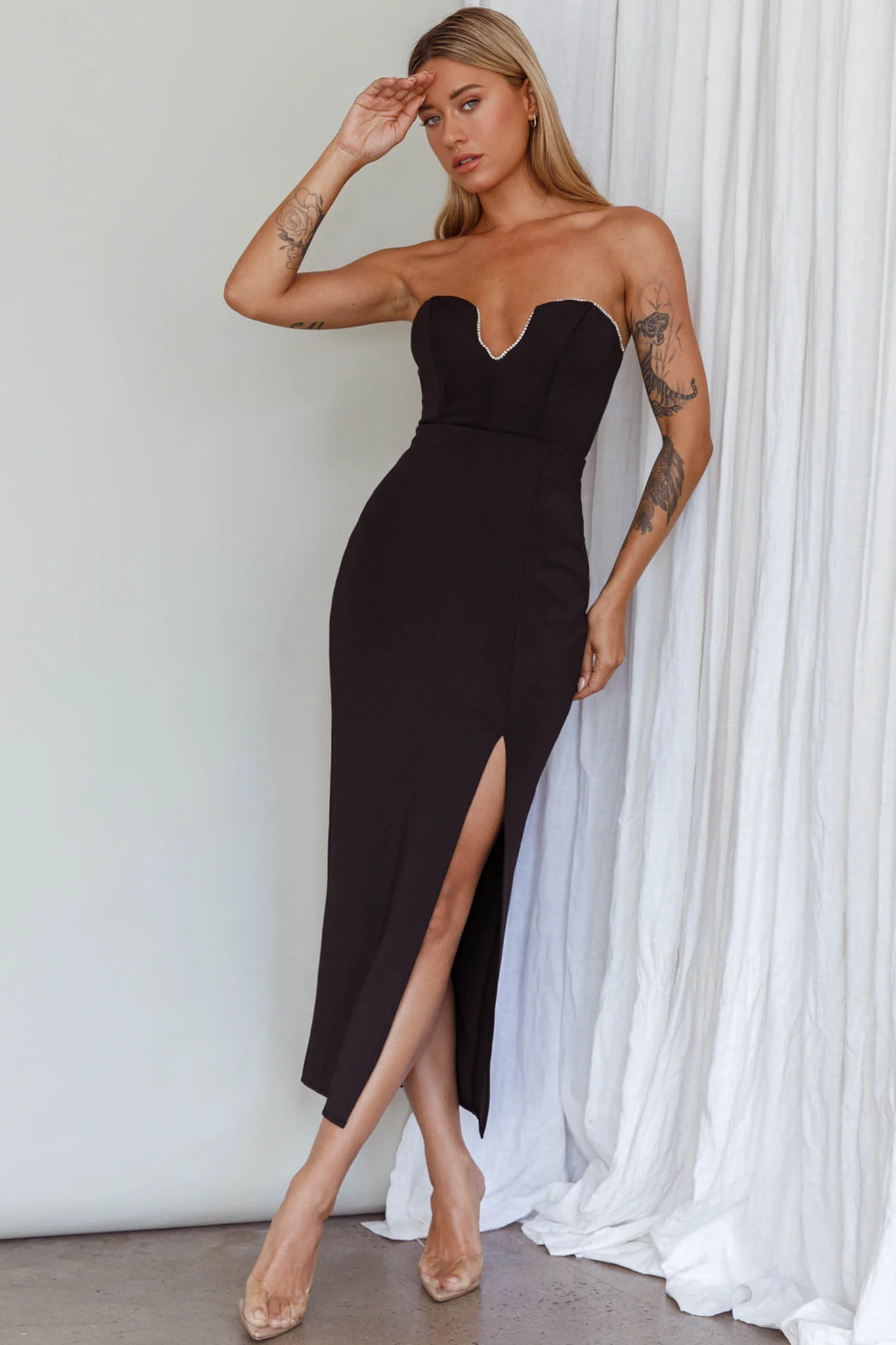 Mystic Diamante Neckline Midi Dress Black - Sonourner
