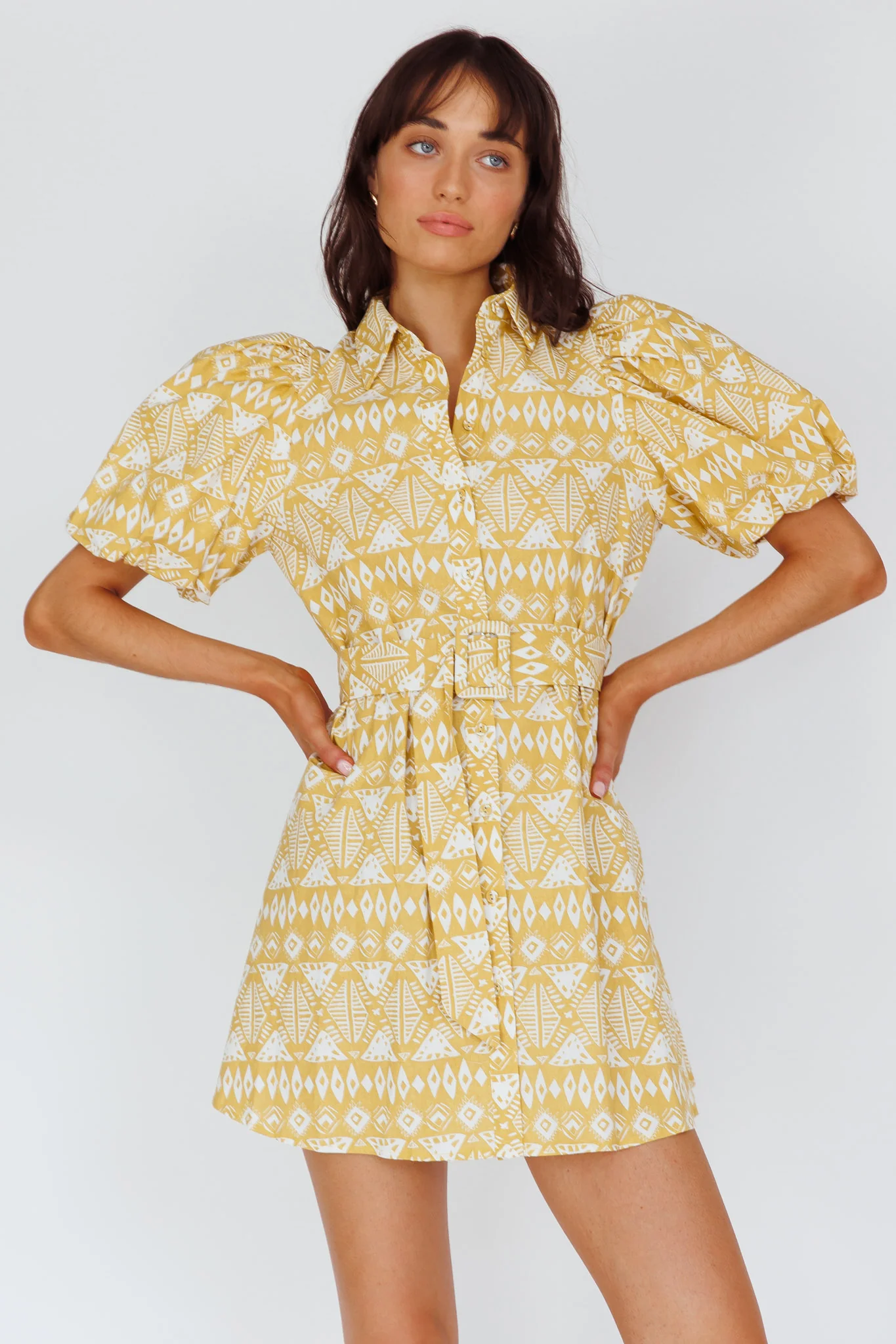 Nanette Puff Sleeve Belted Mini Dress Print Yellow - Sonourner
