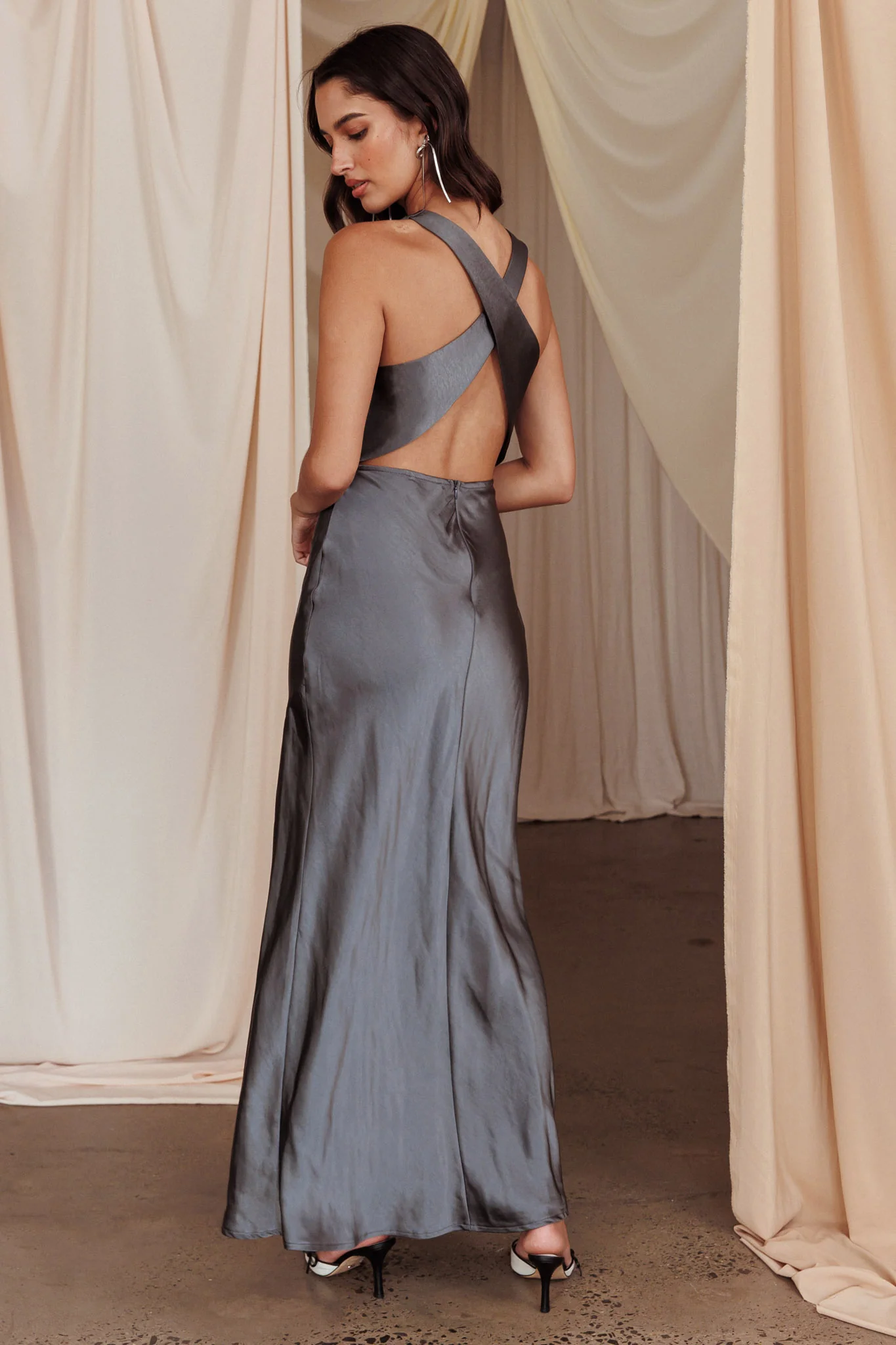 Moonlight Mirage Criss-Cross Back Maxi Dress Charcoal - Sonourner