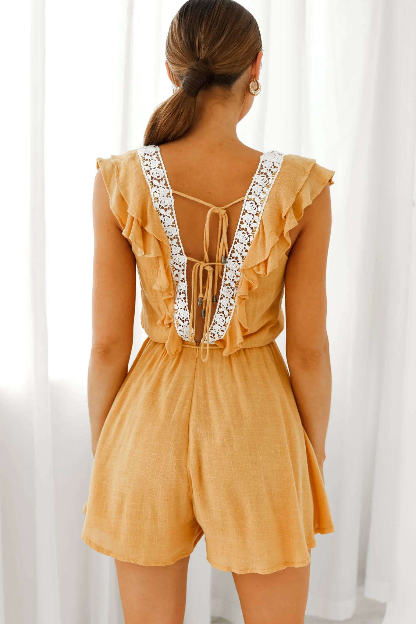 Meet Again Crochet Lace Trim Tie-Up Back Romper Mustard - Sonourner