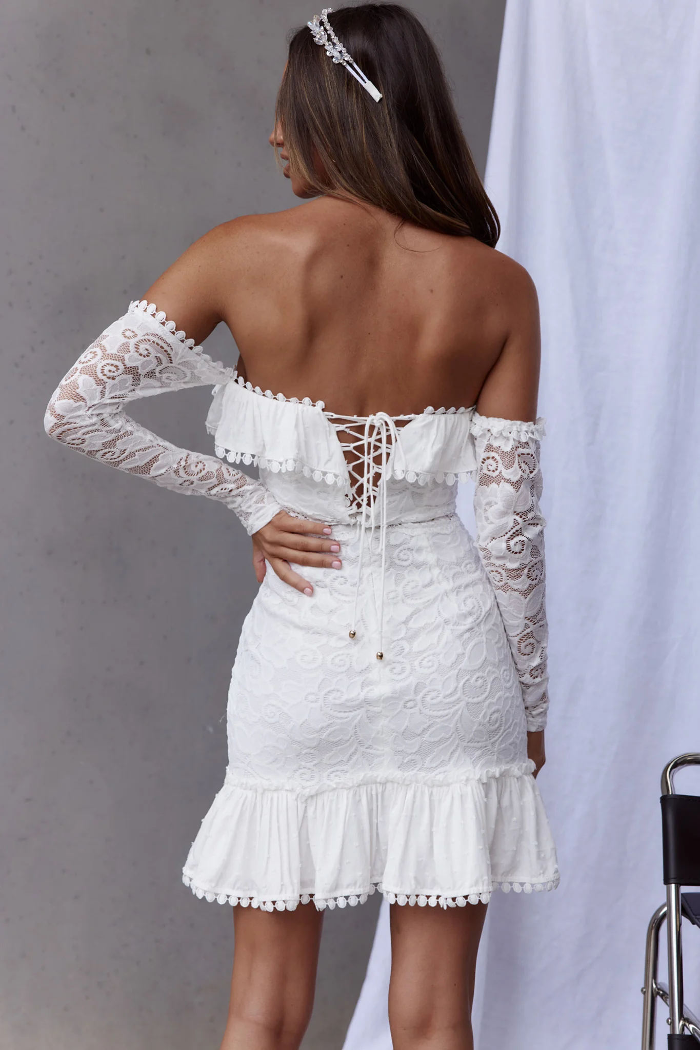 Mae Long Sleeve Sweetheart Crochet Lace Dress White - Sonourner