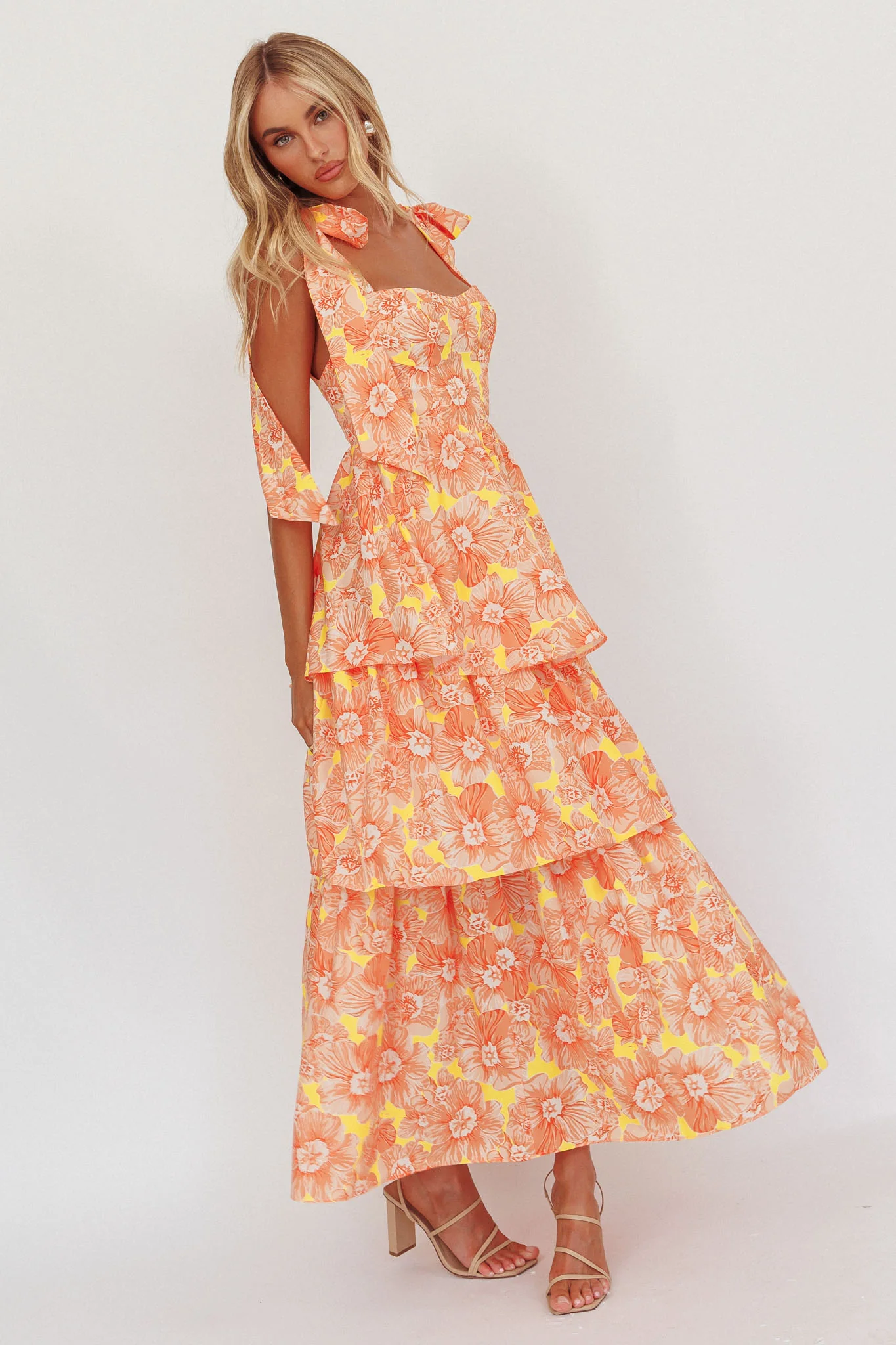 Arlowe Tied Shoulder Tiered Midi Dress Floral Orange - Sonourner