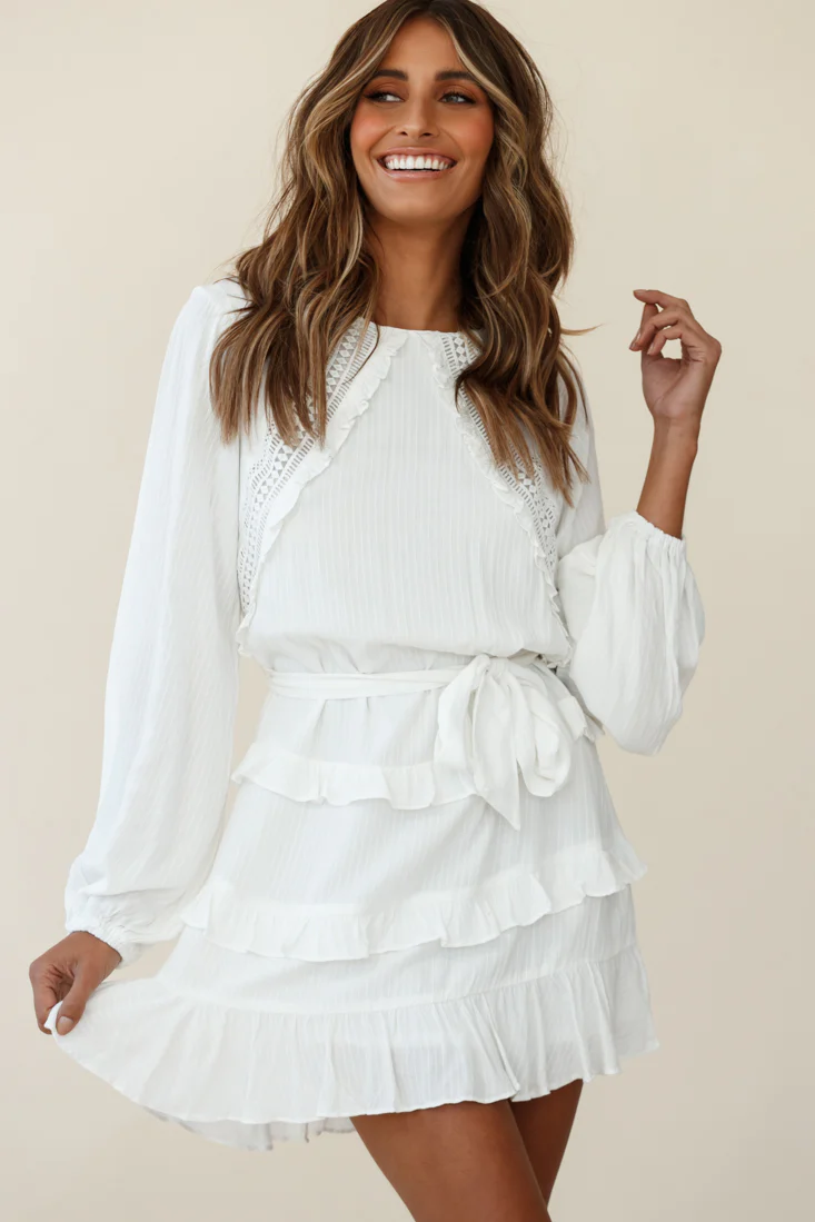 Dusk Long Sleeve Waist Tie Frill Dress White - Sonourner