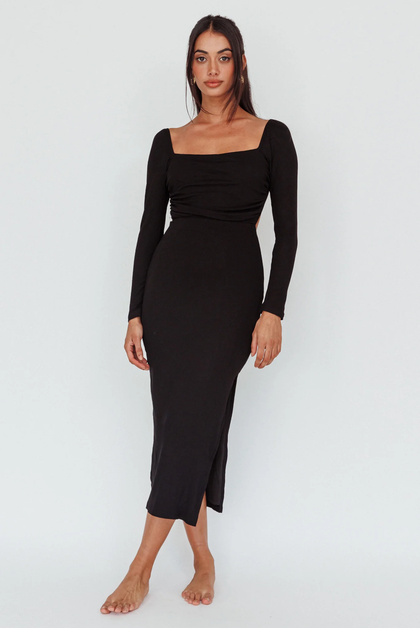 Dream Crush Long Sleeve Lace-Up Midi Dress Black - Sonourner