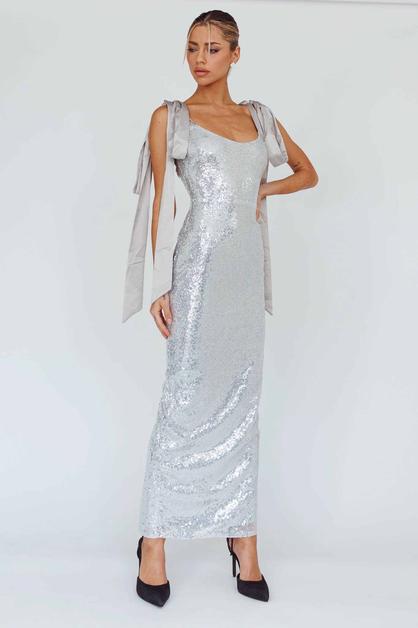 Birthday Wish Tied Shoulder Sequin Maxi Dress Silver - Sonourner