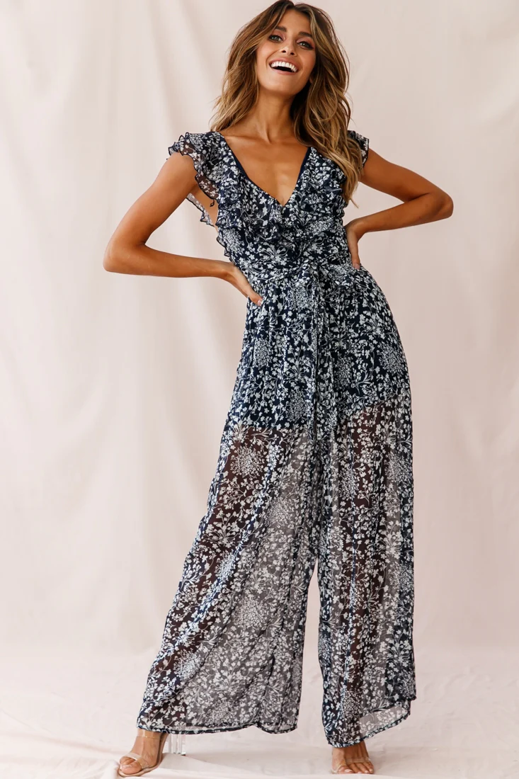 Marcia Ruffle Strap Wide Leg Jumpsuit Navy/White - Sonourner