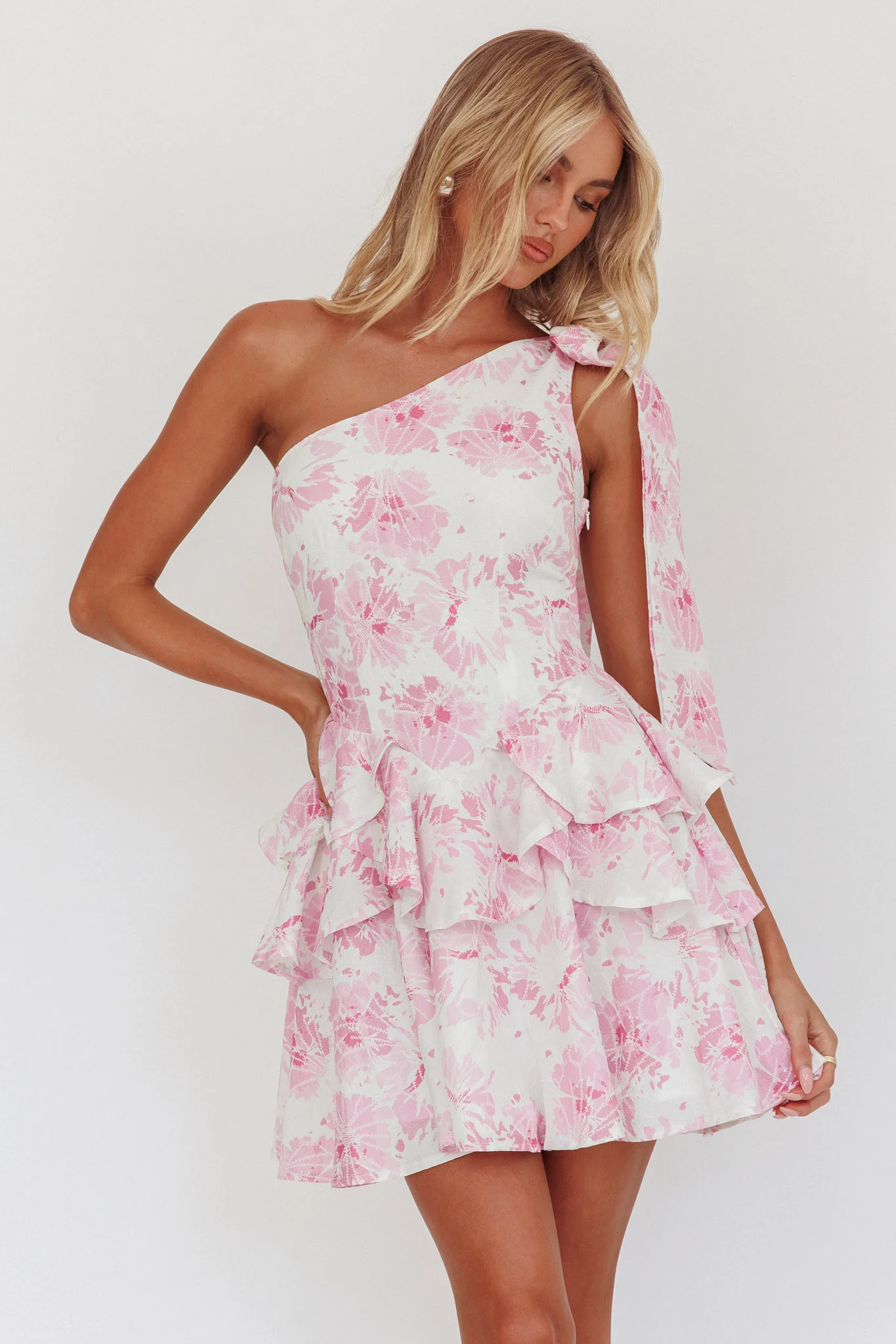 Like Me One-Shoulder Layered Mini Dress Floral Pink - Sonourner