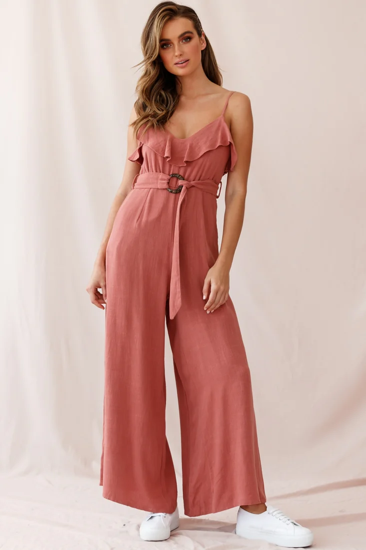Mason Ruffle Neckline Wooden Buckle Belt Jumpsuit Rose - Sonourner