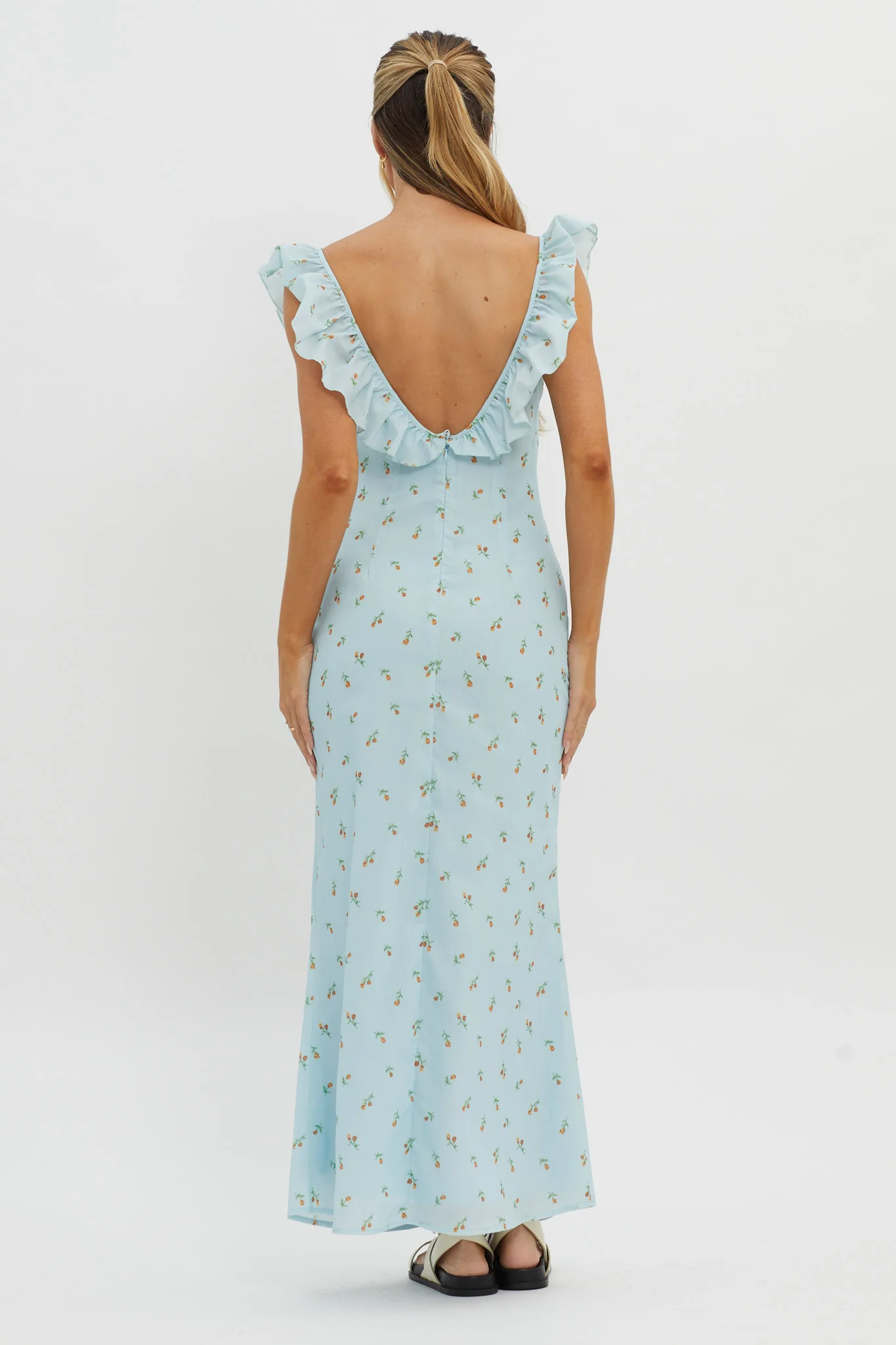 Merci Beaucoup Frill Neckline Maxi Dress Blue - Sonourner