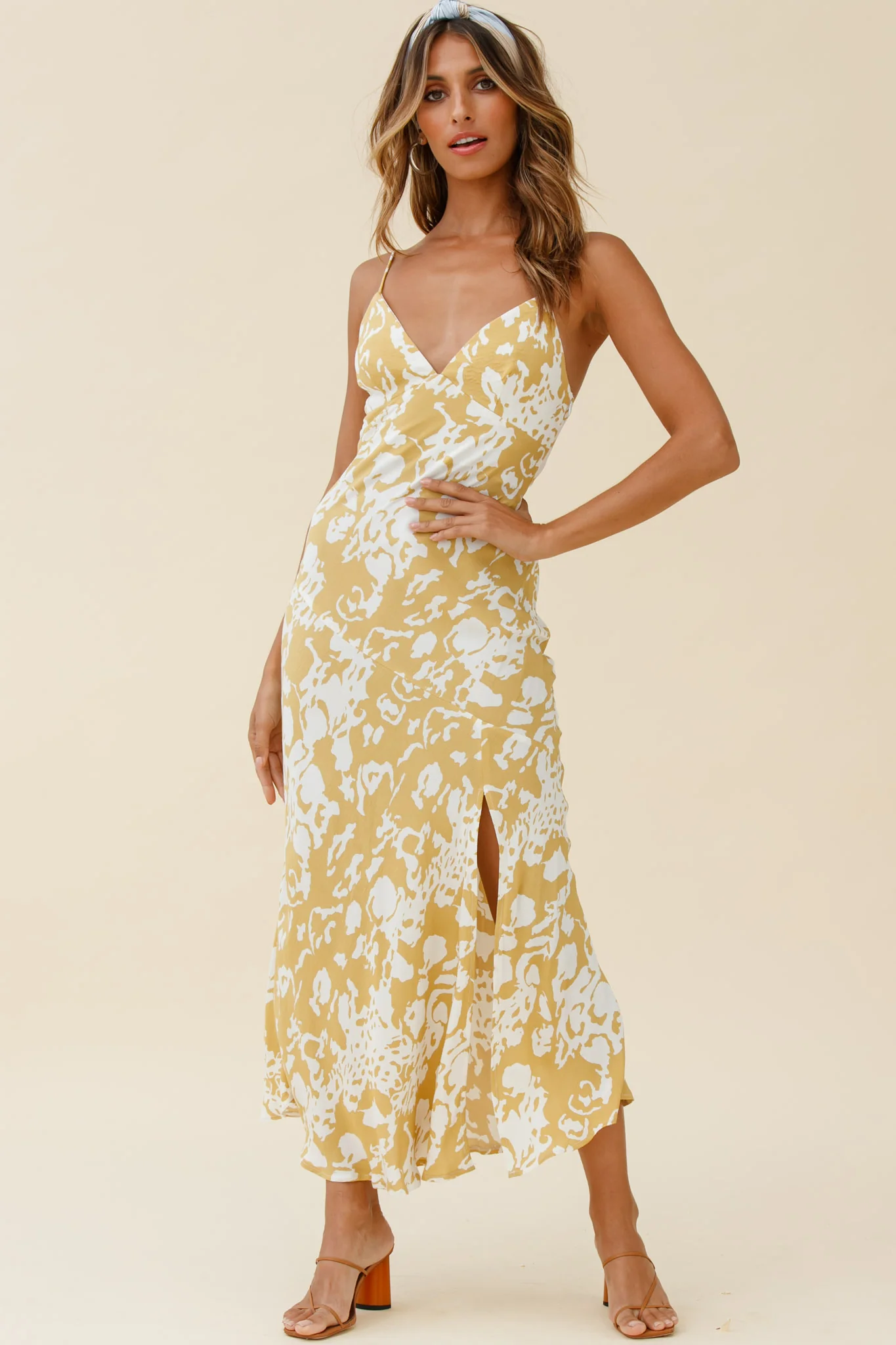 Downtown Cami Strap Front Split Midi Dress Stencil Print Mustard - Sonourner