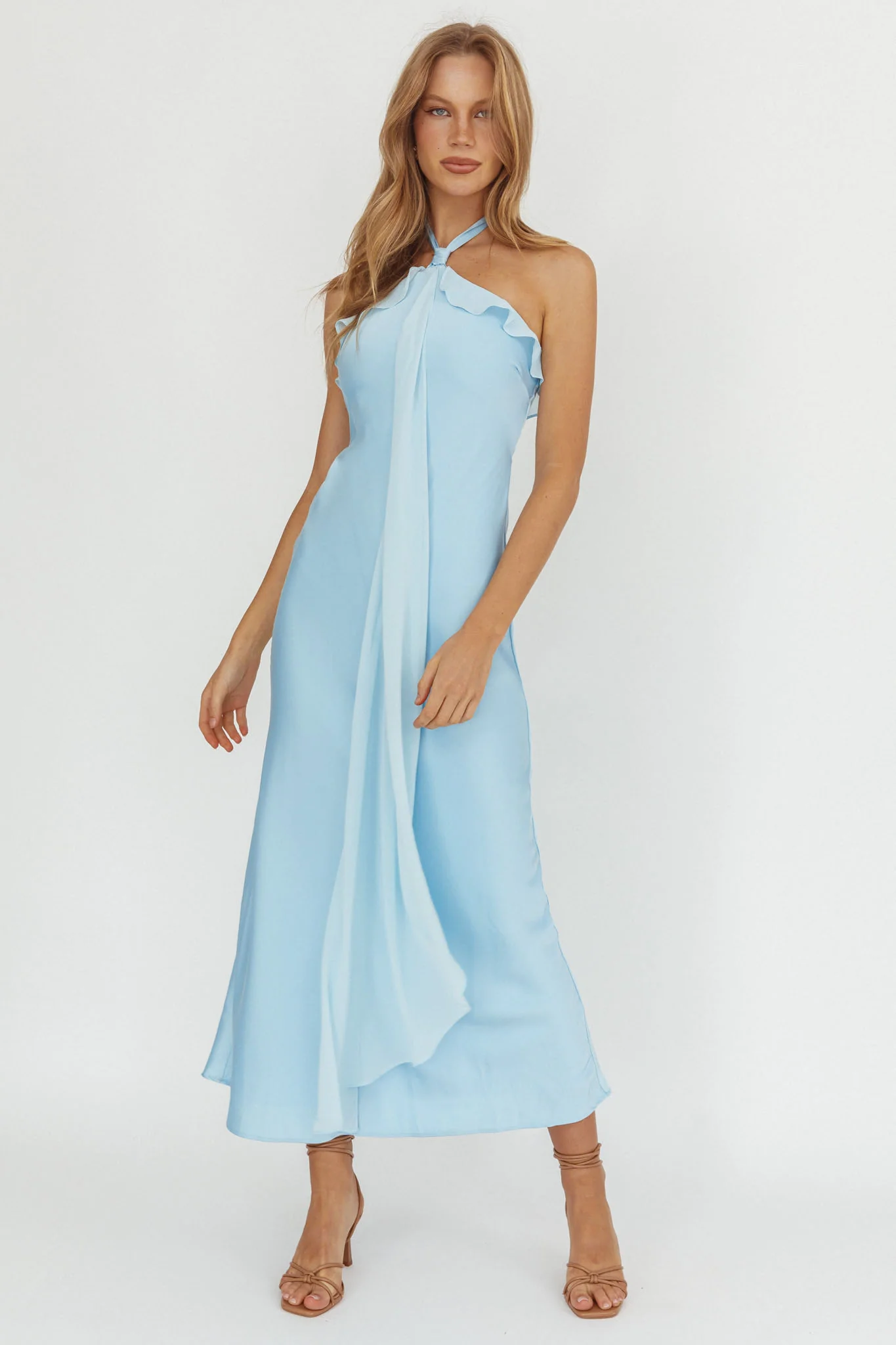 Starlet Halterneck Sash Maxi Dress Baby Blue - Sonourner