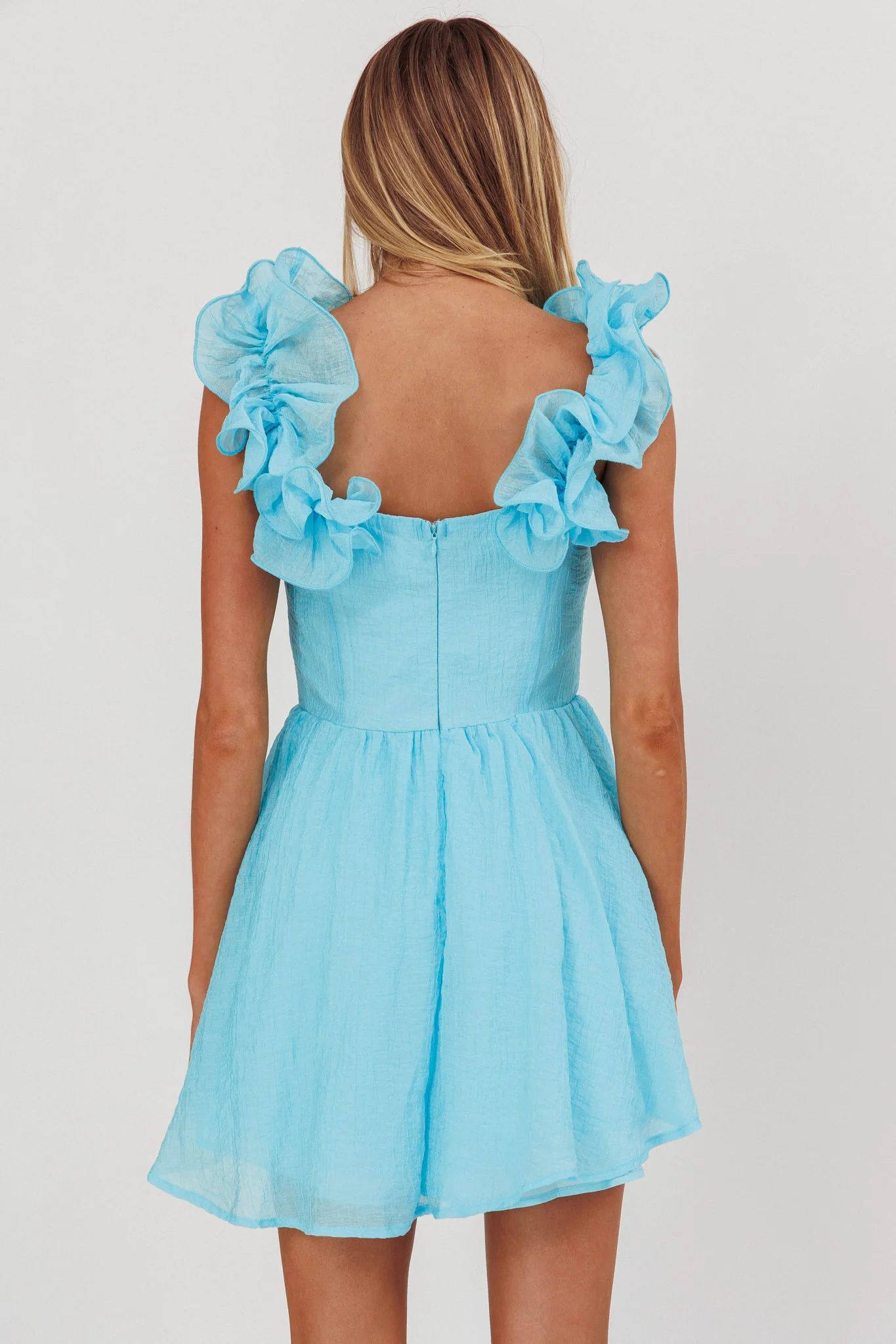 Nivaya Ruffle Neckline Mini Dress Ocean - Sonourner