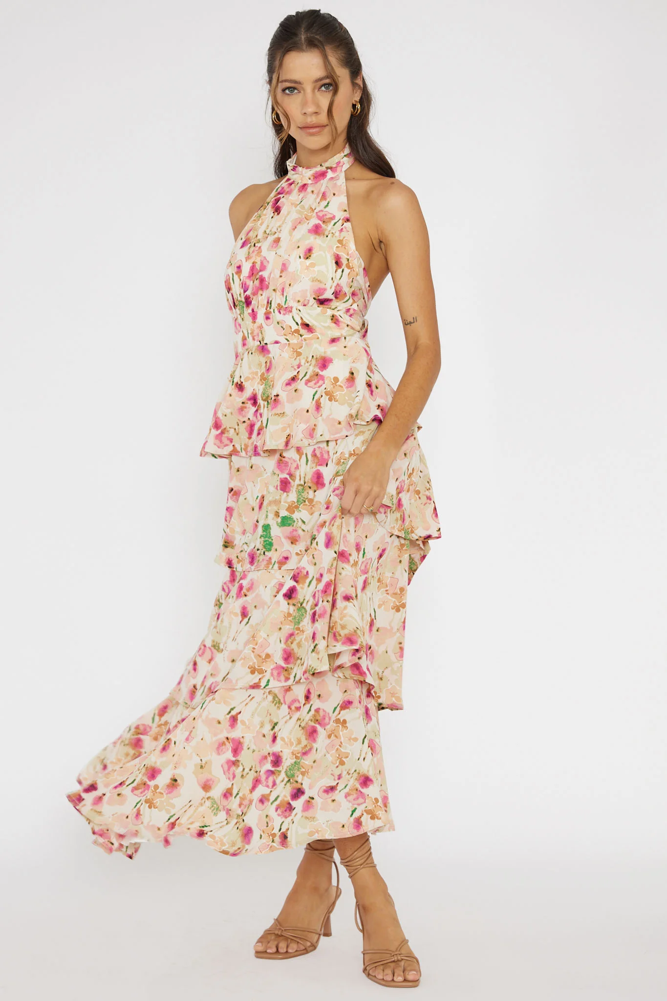 Provence Bloom Tiered Halterneck Dress Pink - Sonourner