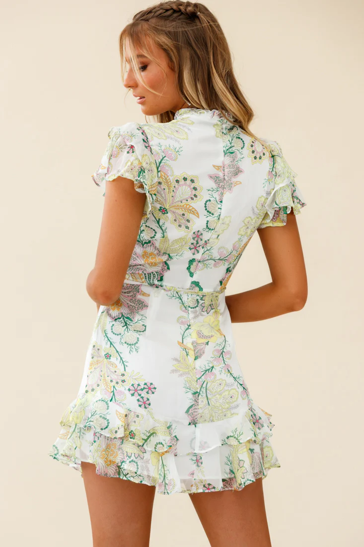 Lark High Neck Ruffle Sleeve Floral Print Dress Green - Sonourner