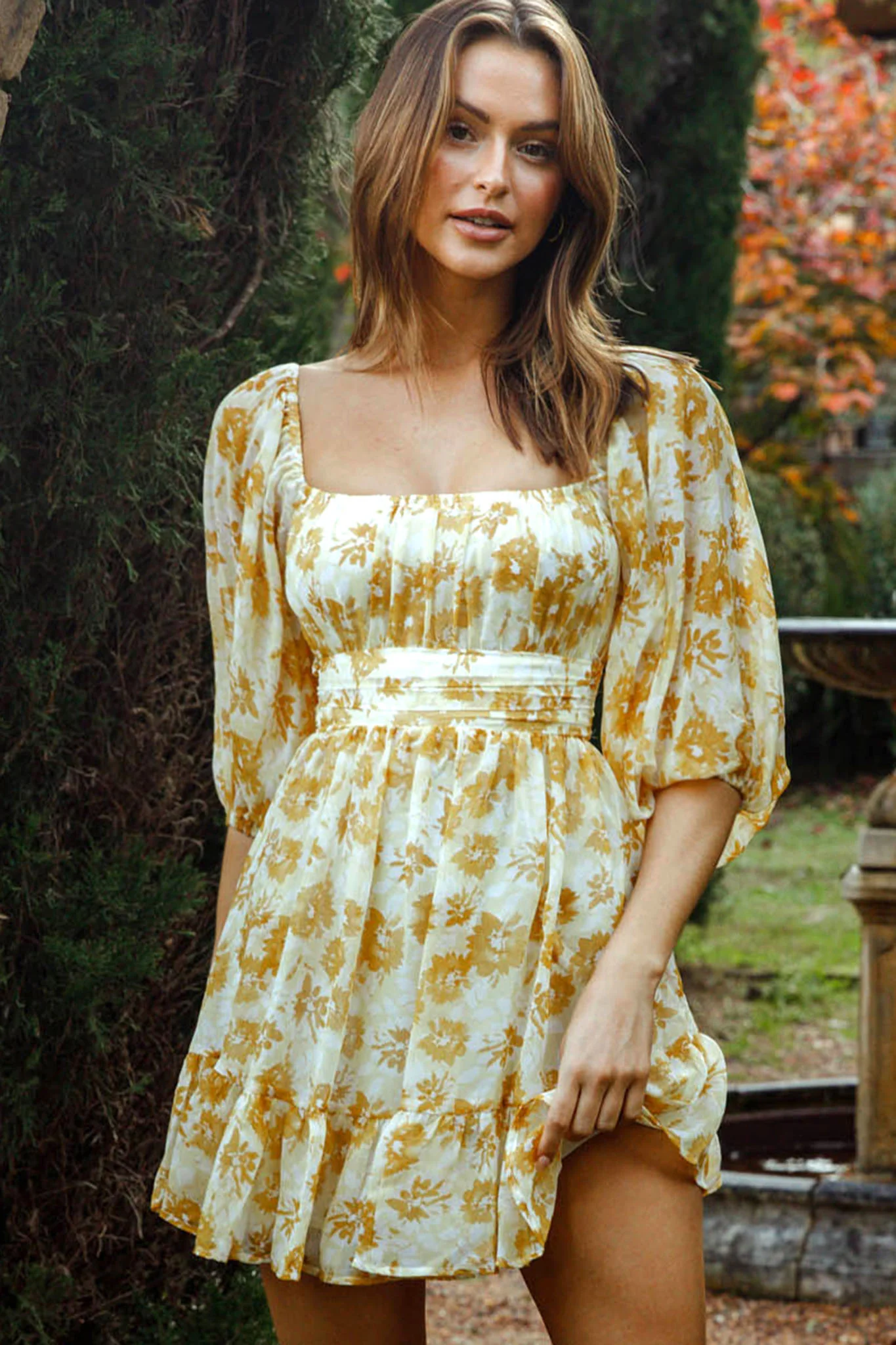 Abby Off-Shoulder Tie-Up Back Dress Floral Print Yellow - Sonourner