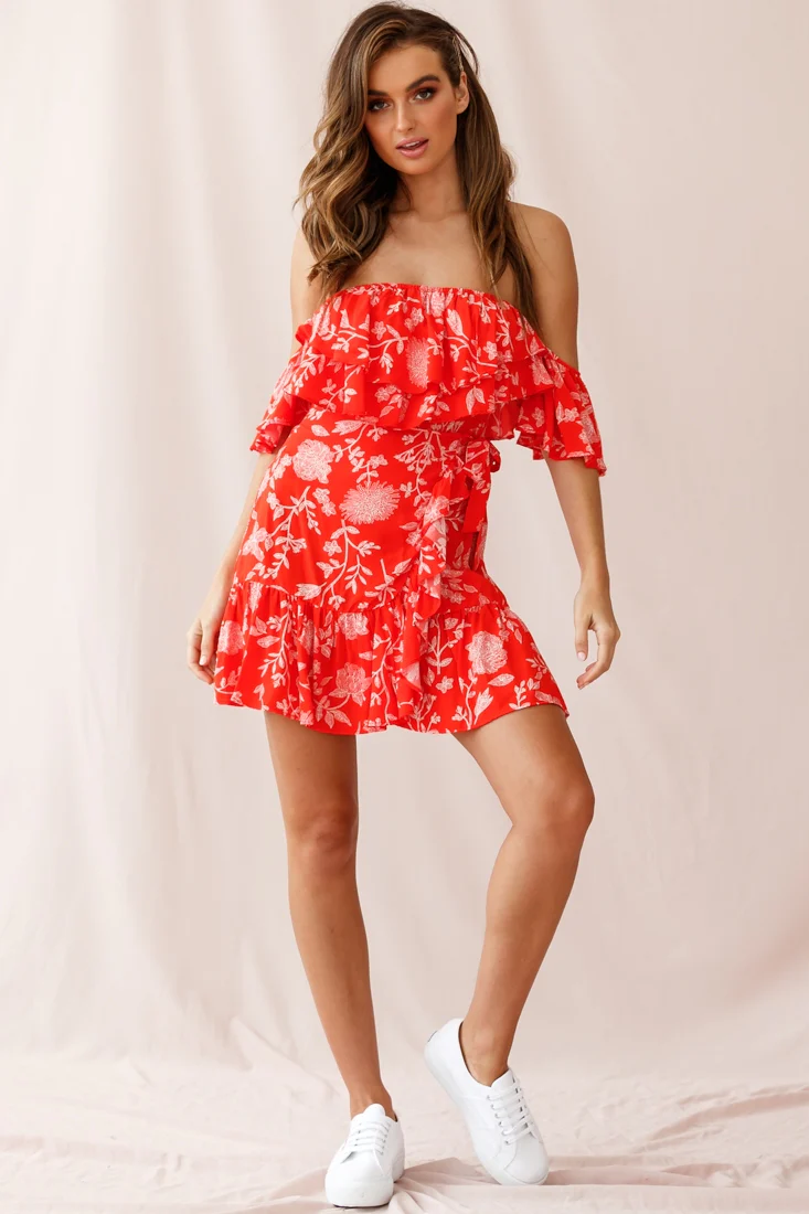 Audrina Off-Shoulder Wrap Dress Floral Print Red - Sonourner