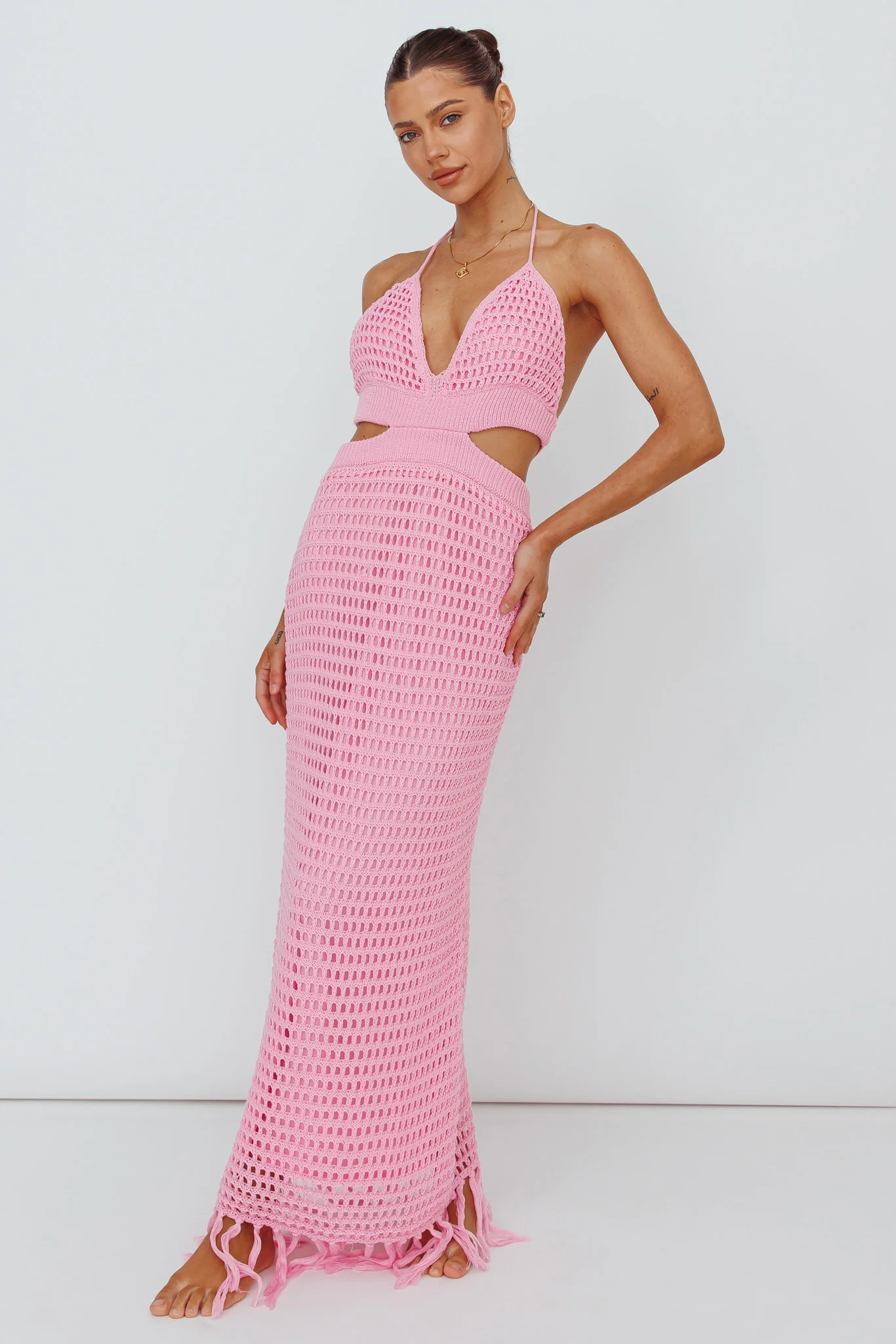 Lelei Crochet Open Back Maxi Dress Pink - Sonourner