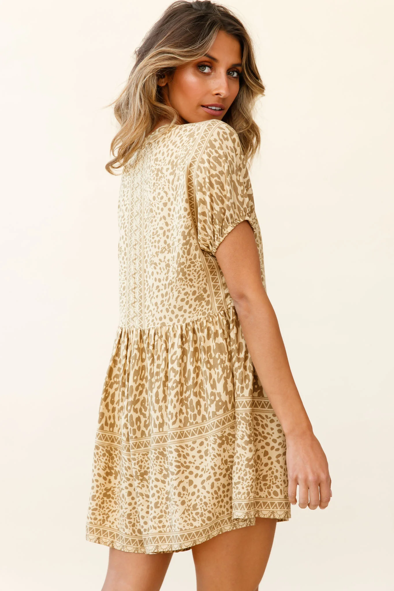 Time Flies Puff Sleeve T-Shirt Romper Animal Print Khaki - Sonourner