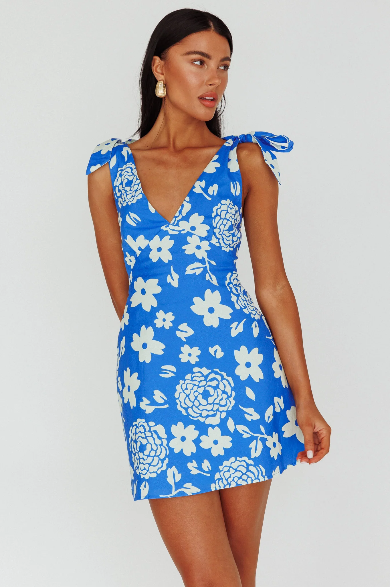 Mykonos Morning Tied Shoulder Mini Dress Floral Ocean - Sonourner