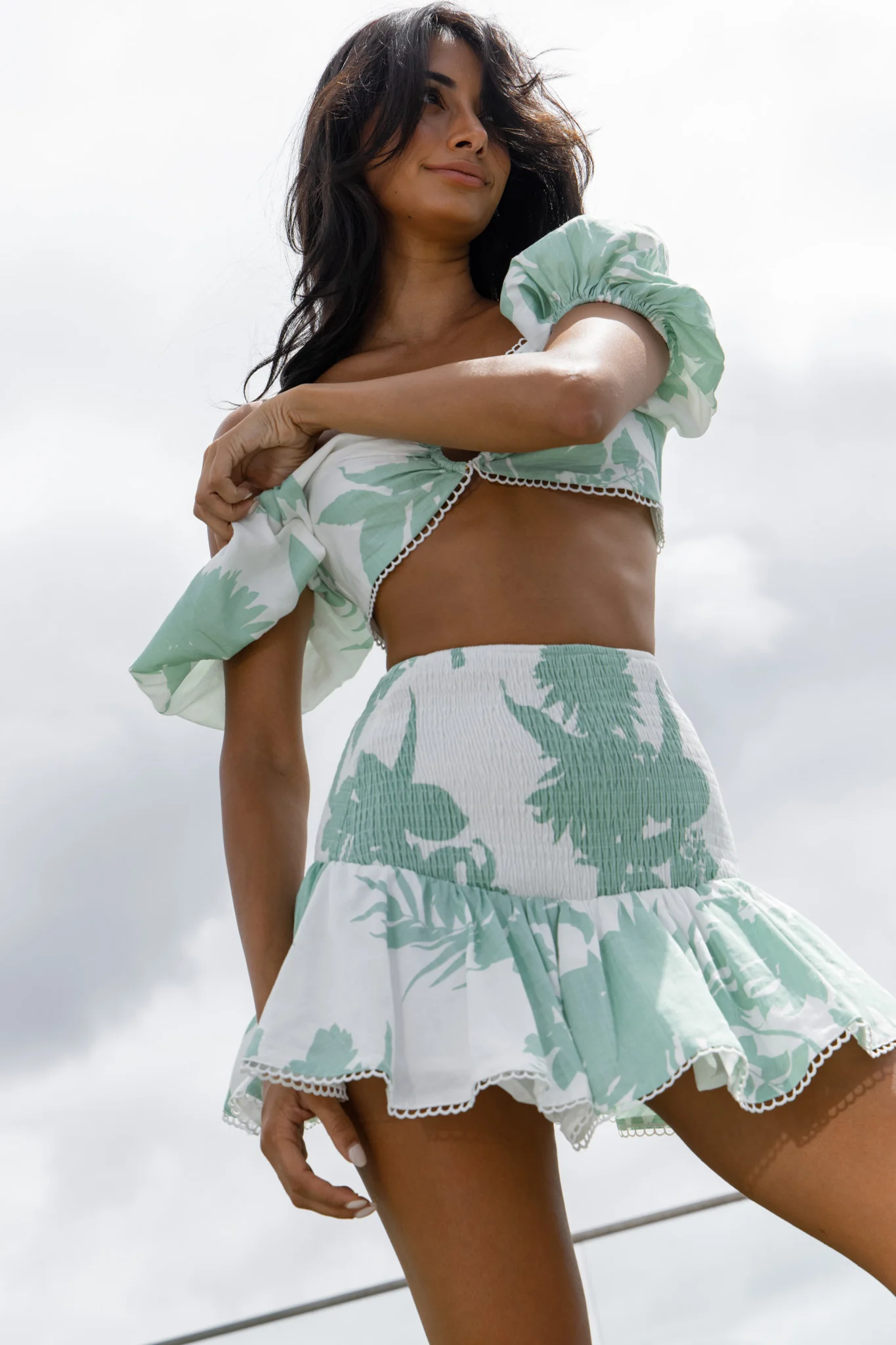 Escape With Me Shirred Mini Skirt Printed Sage - Sonourner