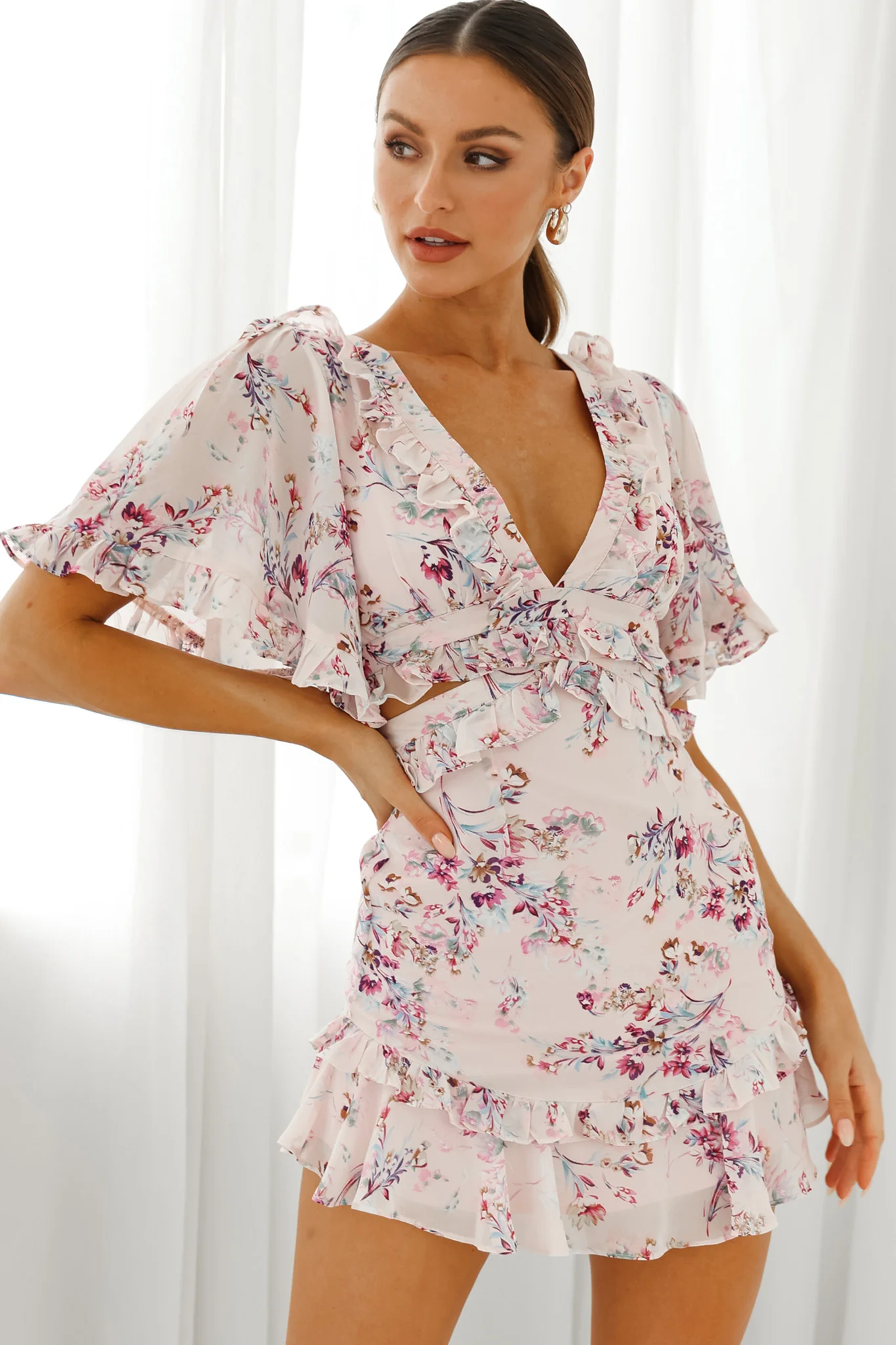 My Belle Cut-Out Detail Frill Accent Dress Floral Print Pink - Sonourner