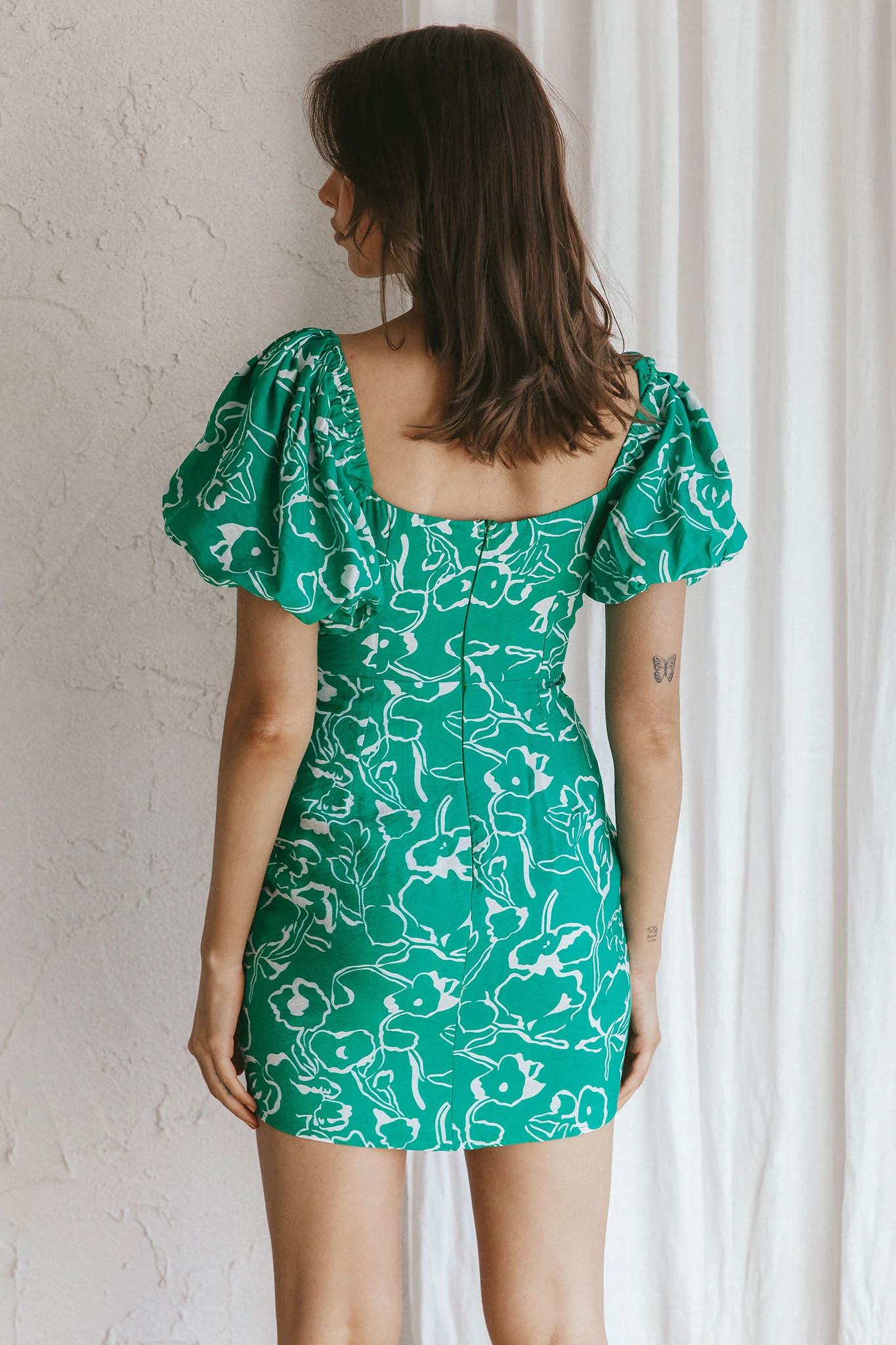 Iseo Puff Sleeve Mini Dress Print Green - Sonourner