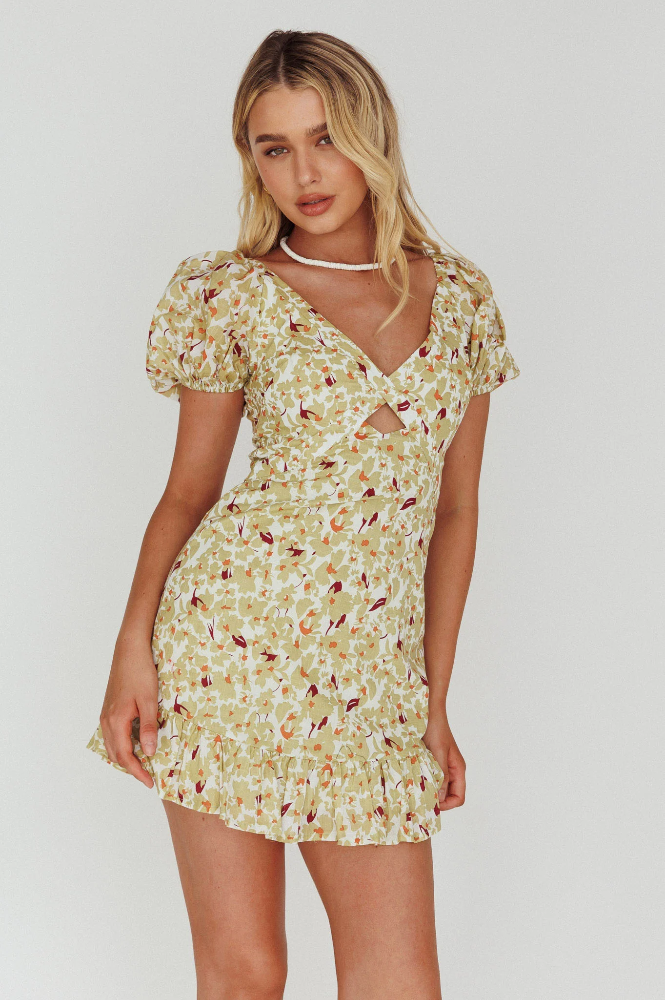 Connie Puff Sleeve Mini Dress Floral Olive - Sonourner