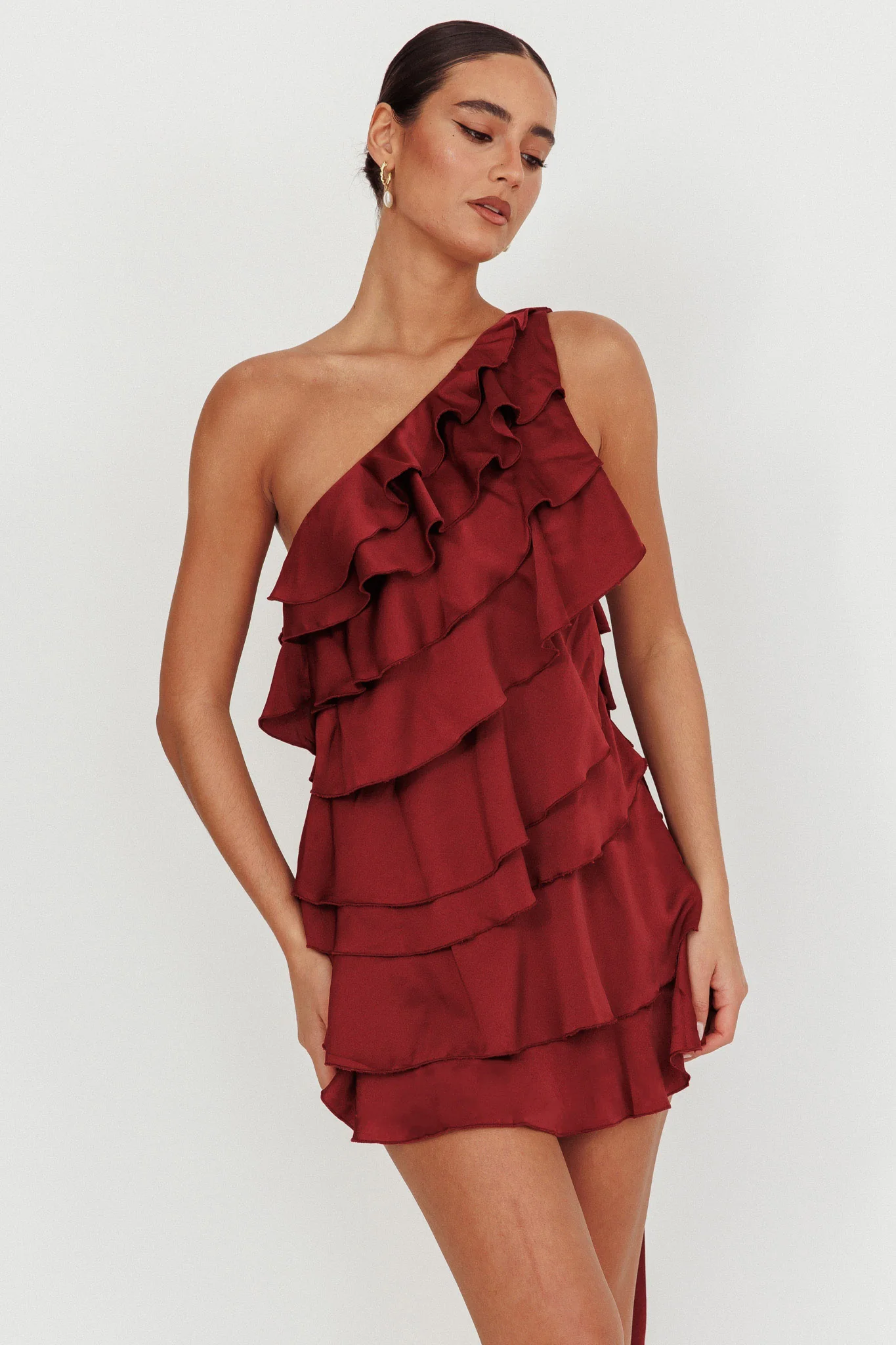Arrabel Tiered Ruffle One Shoulder Mini Dress Wine - Sonourner
