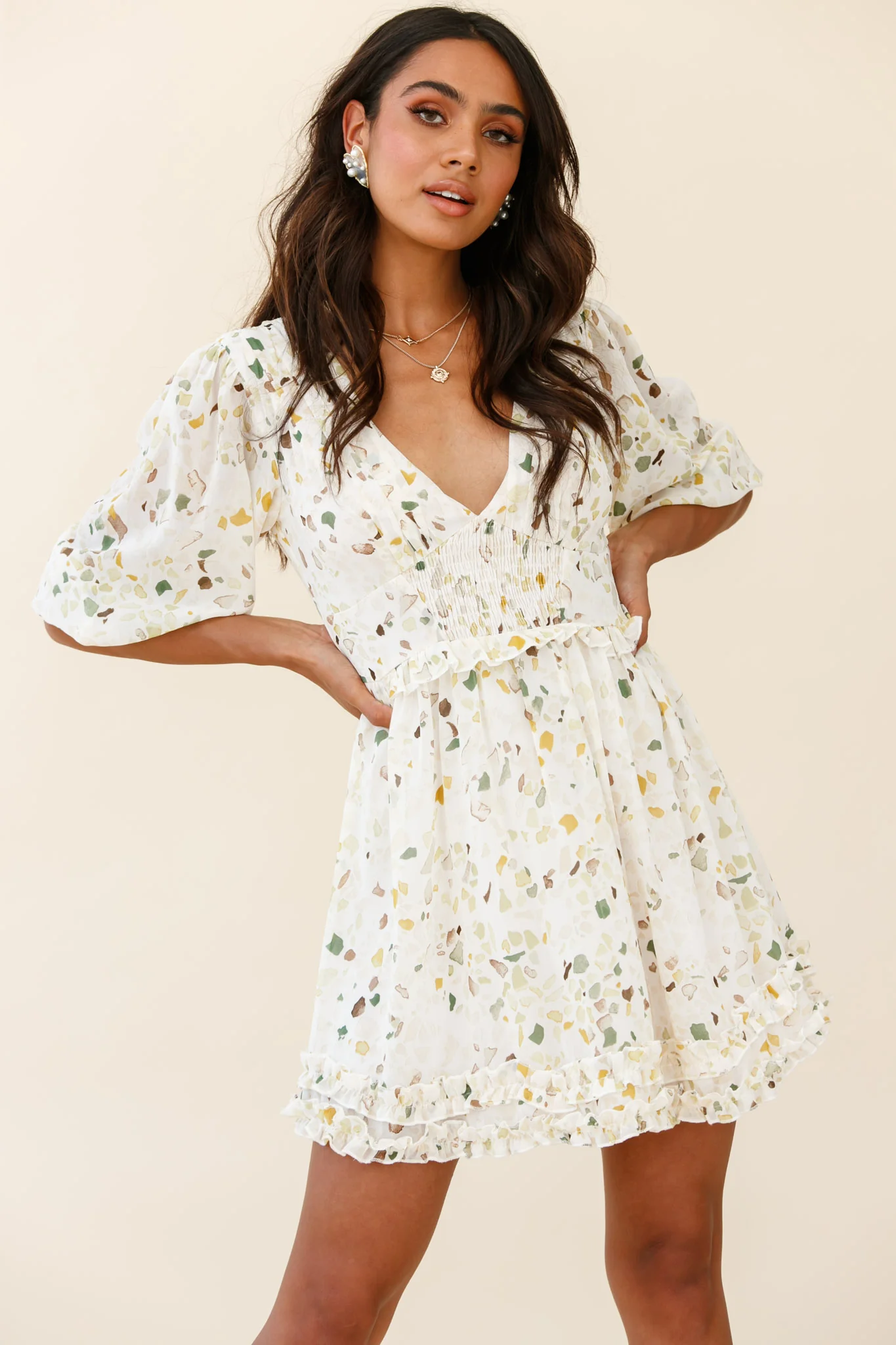 Born Free Shirring Detail Frill Trim Dress Green Multi - Sonourner