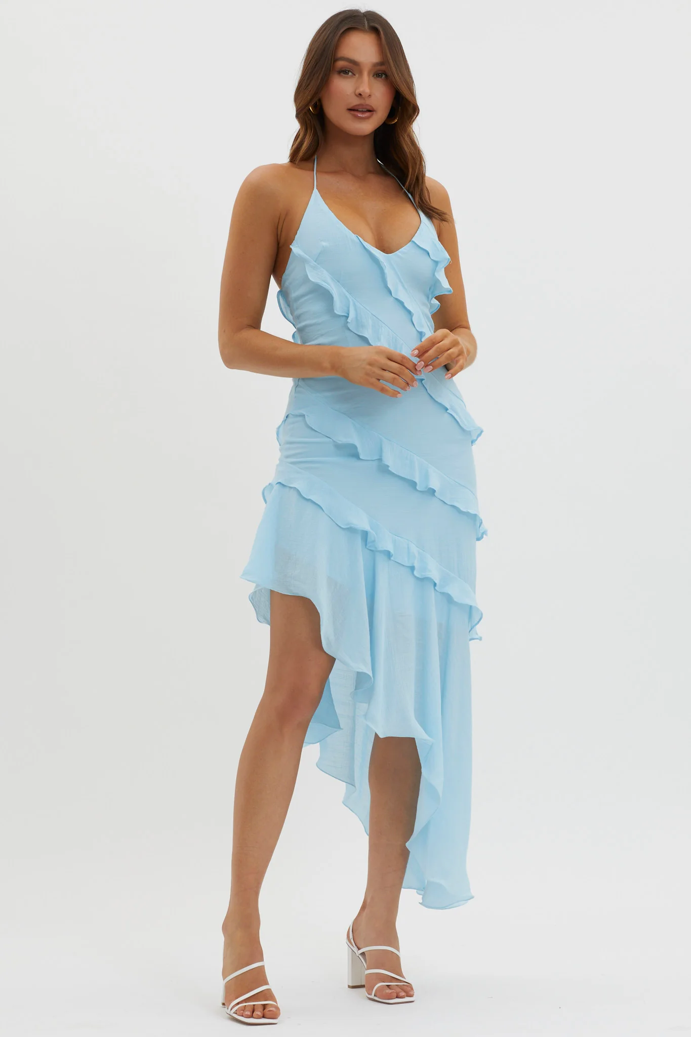 Arrabel Tiered Ruffle Asymmetric Midi Dress Blue - Sonourner