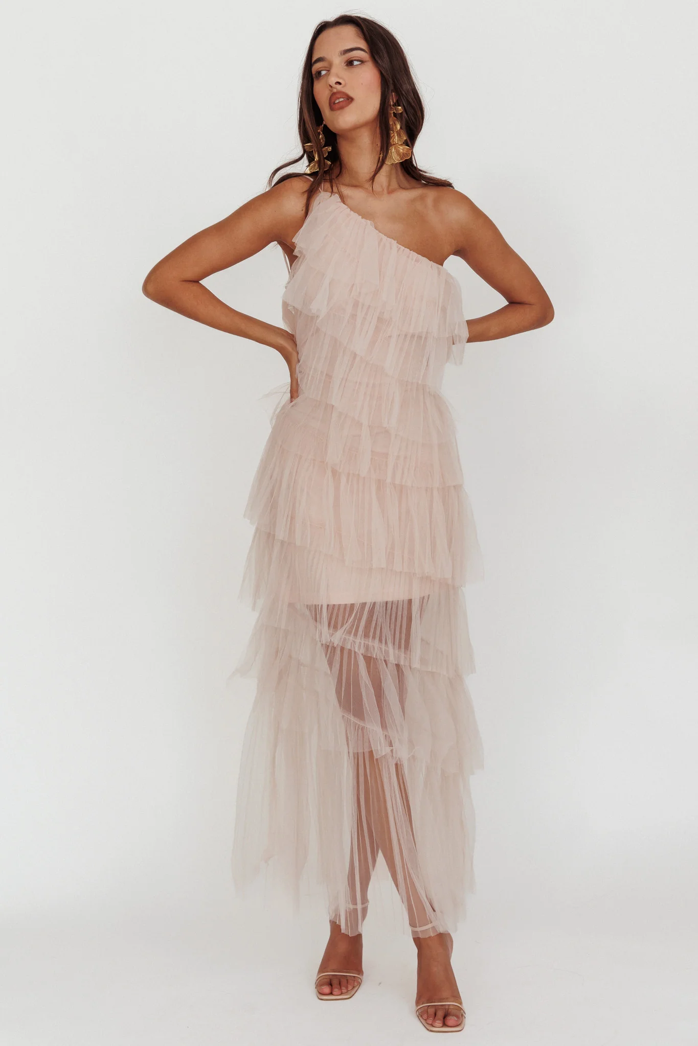 Arrabel Tiered Ruffle Tulle Maxi Dress Blush - Sonourner