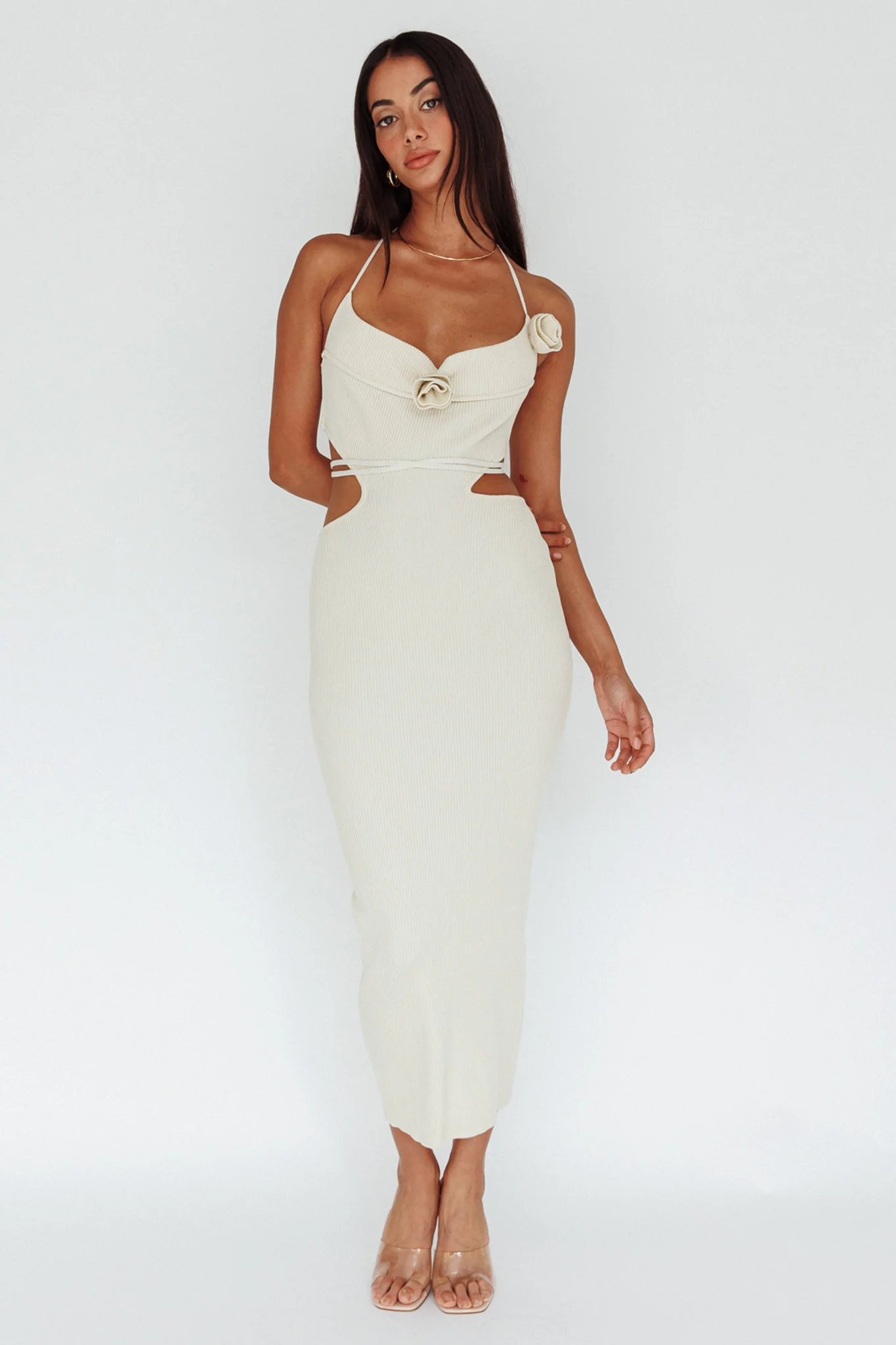 Rue Rose Accent Ribbed Knit Midi Dress Beige - Sonourner