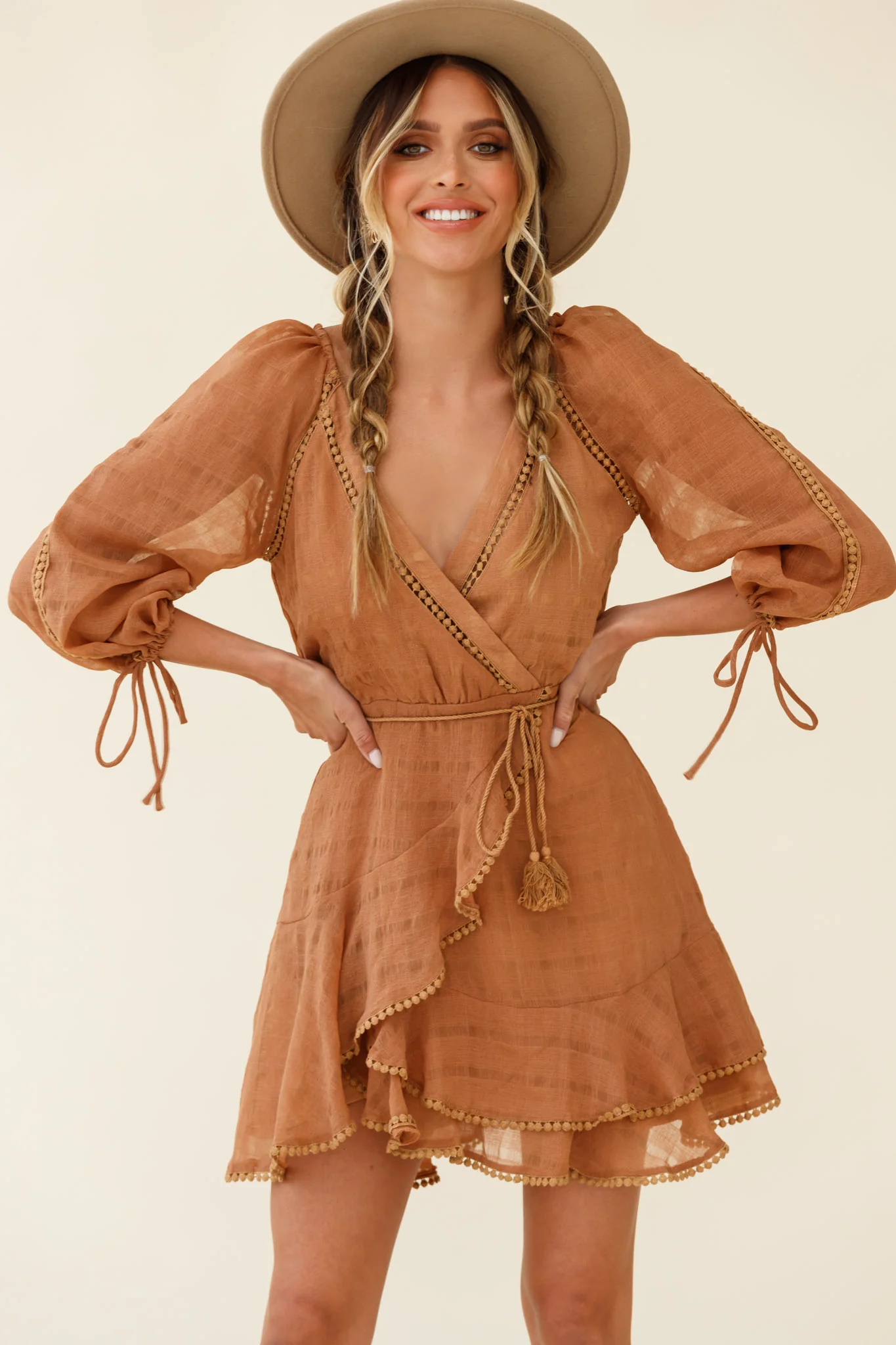 Wilde Balloon Sleeve Crochet Trim Dress Tan - Sonourner