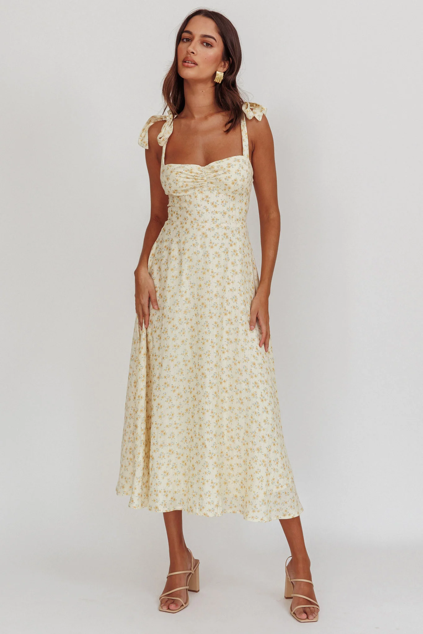 Sweet Pea Floral Tied Straps Midi Dress Yellow - Sonourner